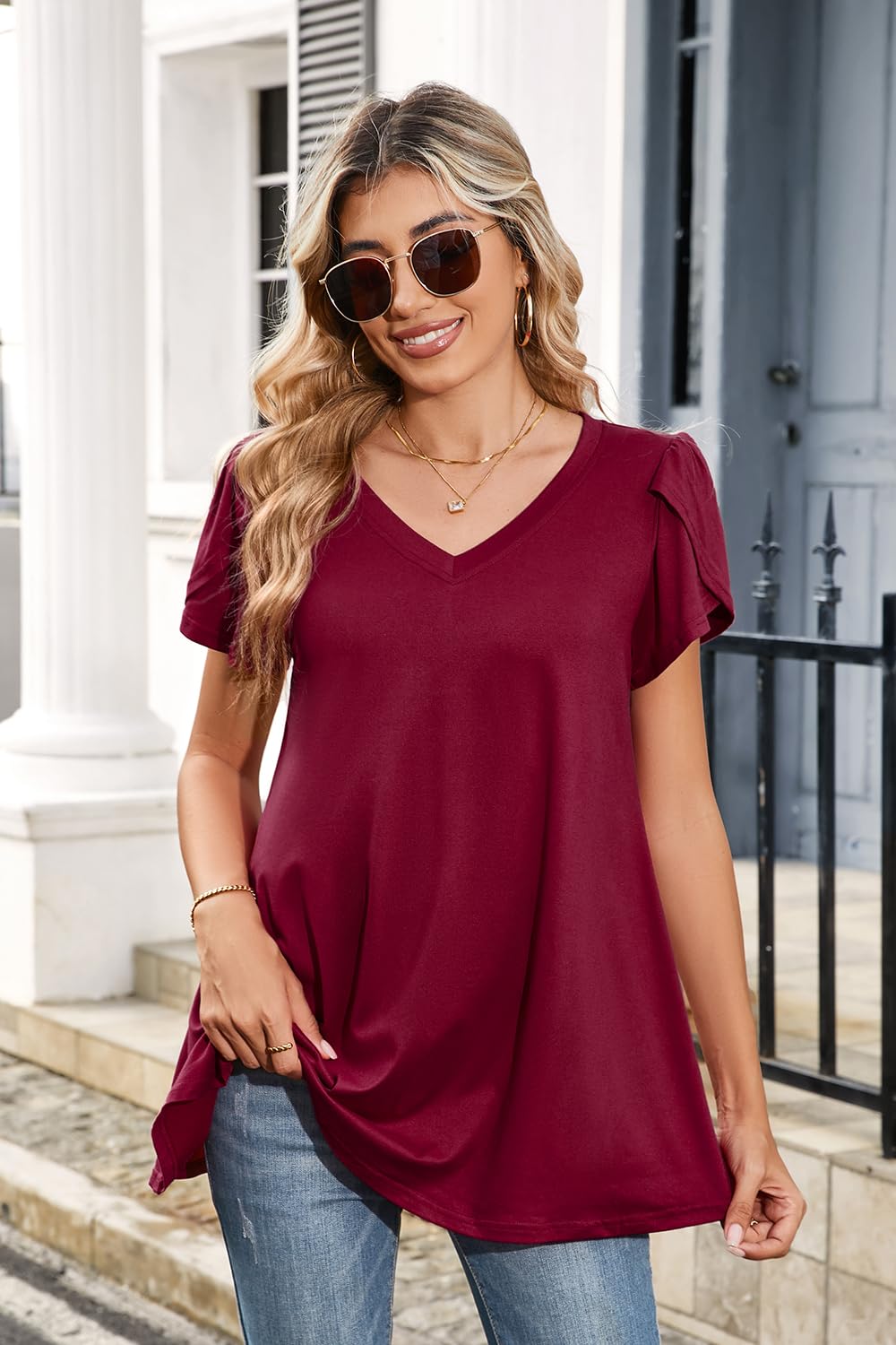 Enmain Camiseta Mujer Manga Corta Blusa Cuello en V Más Tamaño Túnica Túnica Tops Elegante Tulipán Manga Swing Tops