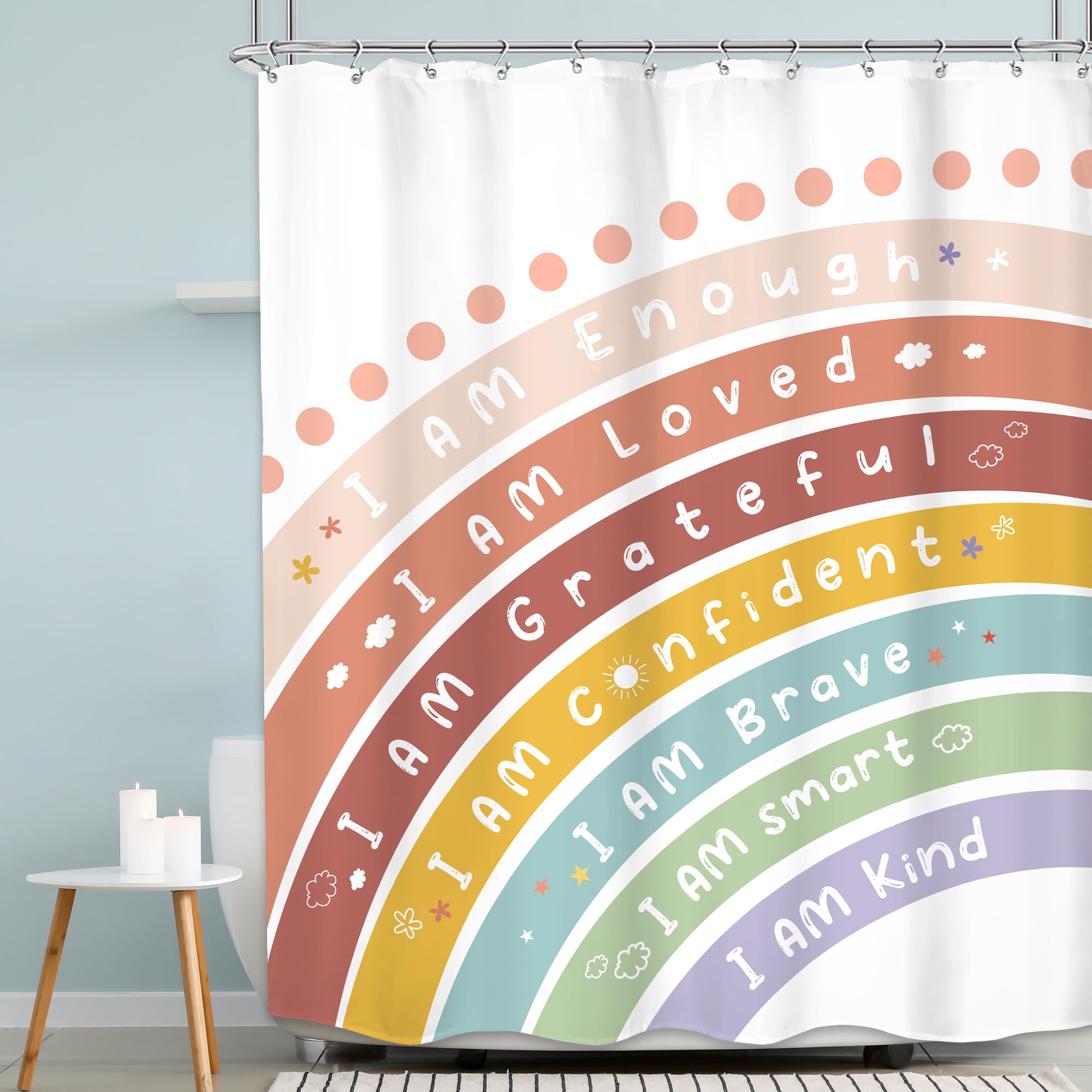 MESHELLY Kids Boho Rainbow Shower Curtain 60Wx72H - Funny Cute Inspirational Motivational Quotes for Baby Boys Girls - Colorful Children Bathroom