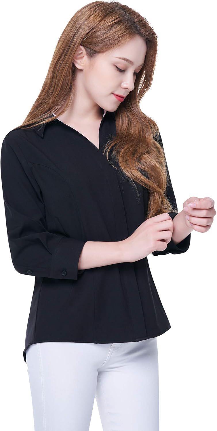 Women's Button Down Shirt 4-Way Stretch V Neck Blouse Wrinkle Resistant & Breathable 3/4 Sleeve Collared Work Top - Image 5