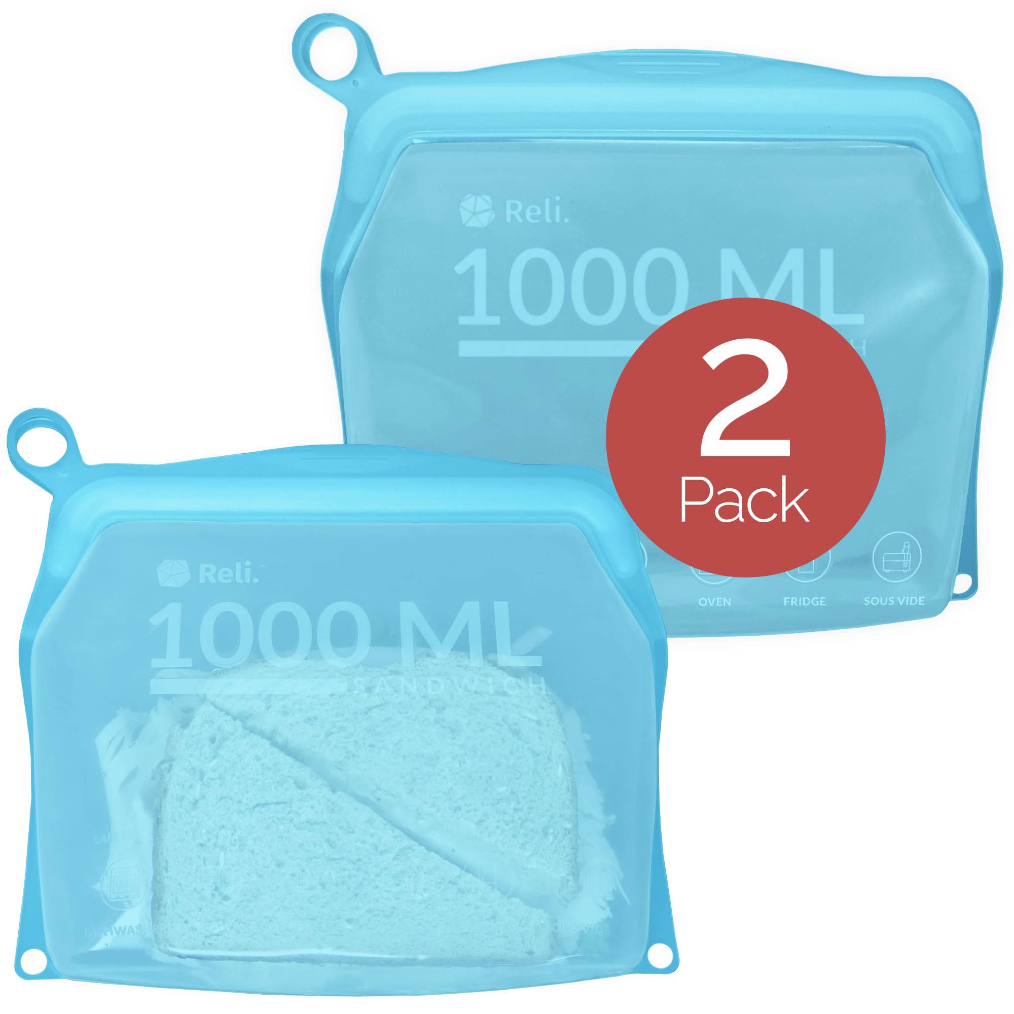 Reli. Sacchetti riutilizzabili in silicone (confezione da 2) | Sandwich (1000 ml), Aqua | Sacchetti in silicone per la conservazione degli alimenti | Sacchetti riutilizzabili per alimenti,