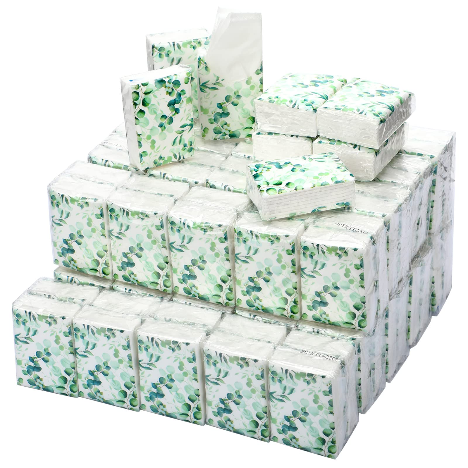Geyee 100 Pcs Travel Tissue Packs Bulk 1000 Sheet Small Personal Facial Tissues 3 Ply Pocket Tissues Cute Individual Facial Tissue Packs for Wedding Party Favors(Eucalyptus Leave)