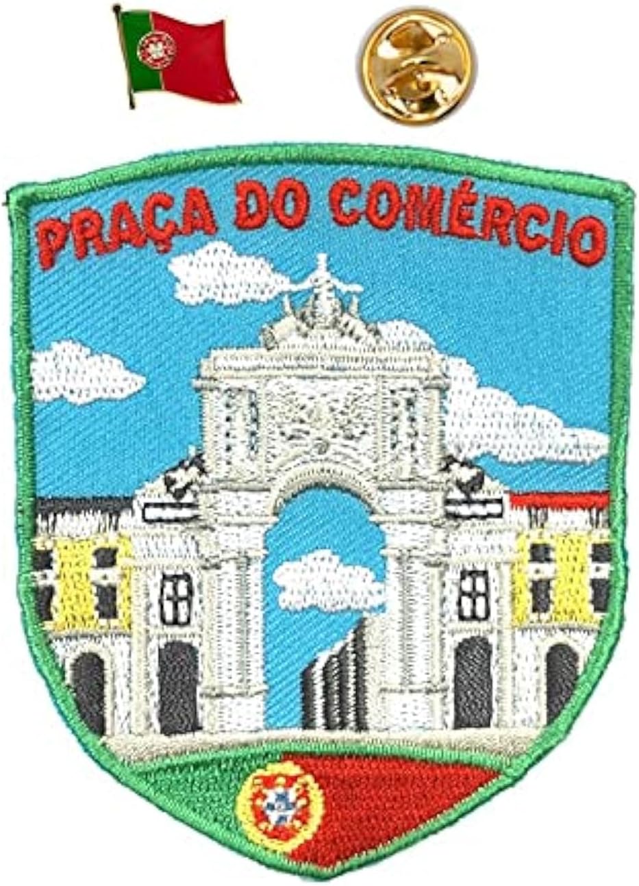 A-ONE 2 PCS Pack- Praça do Comércio Shield Emblem+Portugal Flag Lapel Pin, Lisbon Square Patch, Country Patch, DIY Embroidery, Sew-on/Iron-on Badge for Jeans Jackets Clothes Backpack NO.351P