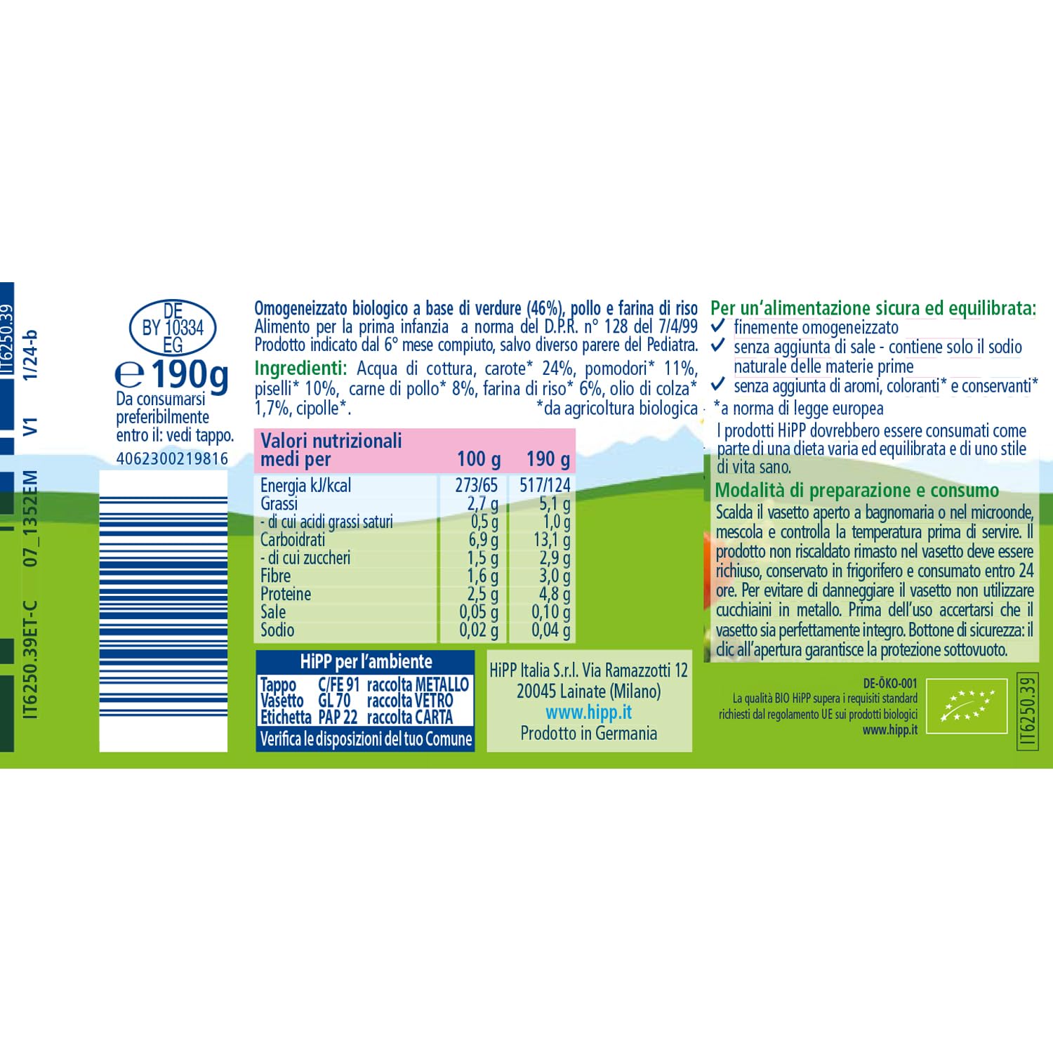HiPP - Pappa Pronta Completa Bio, Spaghettini al Ragù di Lenticchie, per Bambini, 100% Vegetale, Senza Sale Aggiunto, 6 Vasetti da 250 gr