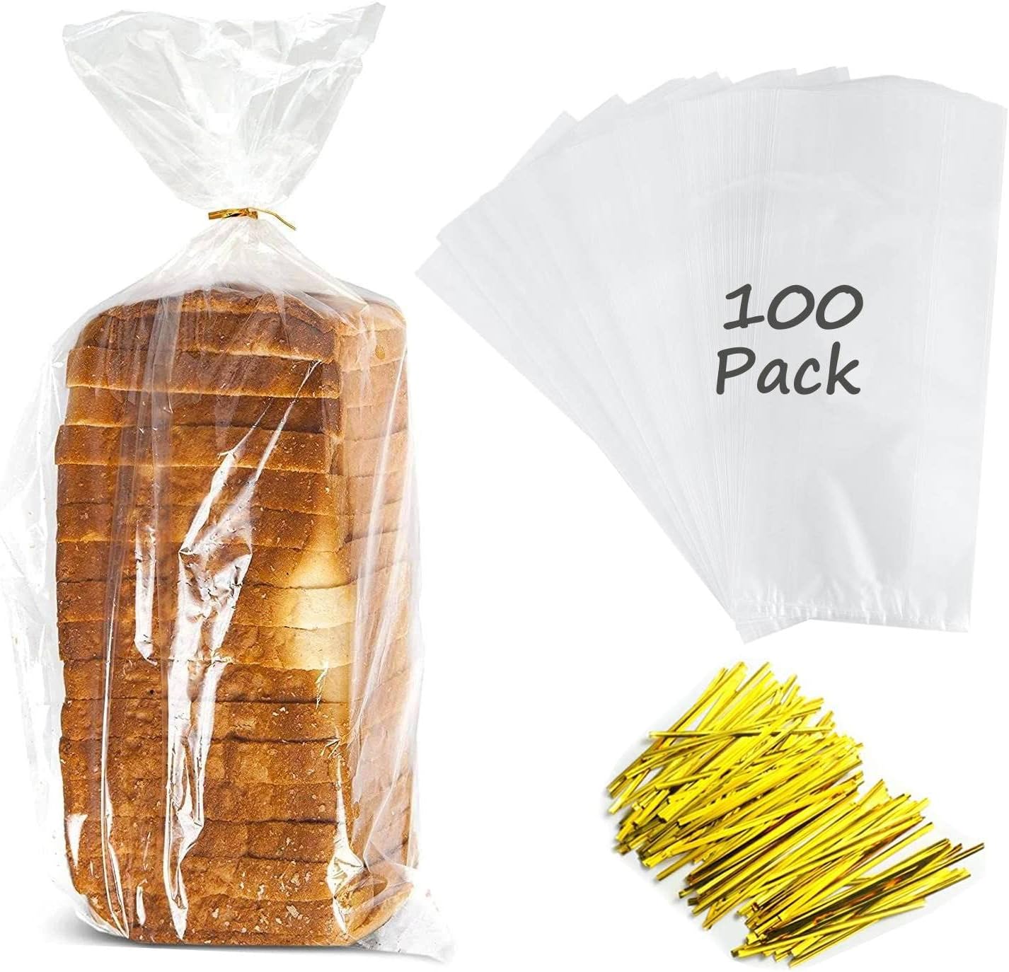 Large Bread Bags with Ties, 8 x 4 x 18", 100 Pack, Clear