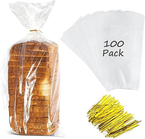 Bolsas de pan grandes con lazos, 8 x 4 x 18 pulgadas, paquete de 100, transparentes, reutilizables, bolsas de pan a granel para pan casero, bolsas