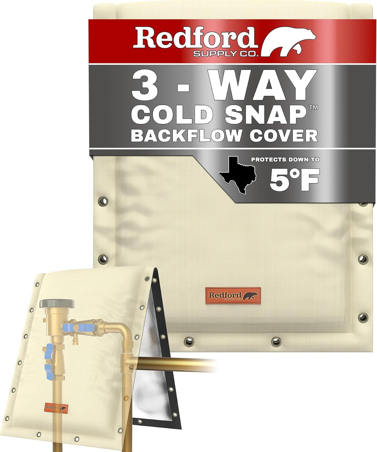Redford Supply Co. Cold Snap (5°F) Backflow Preventer Insulation Cover, 3-Way Custom, 14"W x 18"H, Pipe Insulation, Water Sprinkler Covers for Outside, Sprinkler Backflow Cover for Winter (Beige)