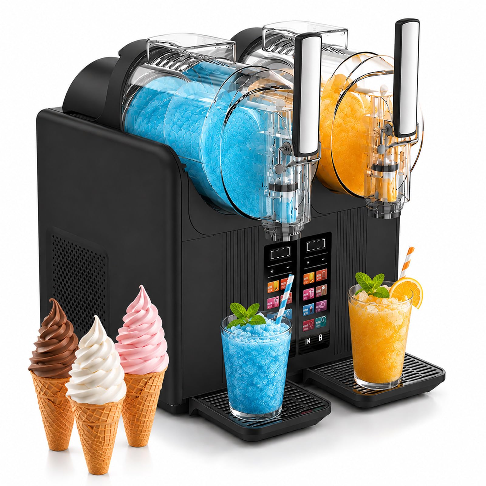 SHUMIAO Slushie Machine for Home Commercial Use, 430W Dual 2L Bowls Slushy Maker & Soft Serve Ice Cream Machine, 7 Presets Automatic Margarita Smoothie Maker, Auto Clean, for Bubble Tea Shop Black