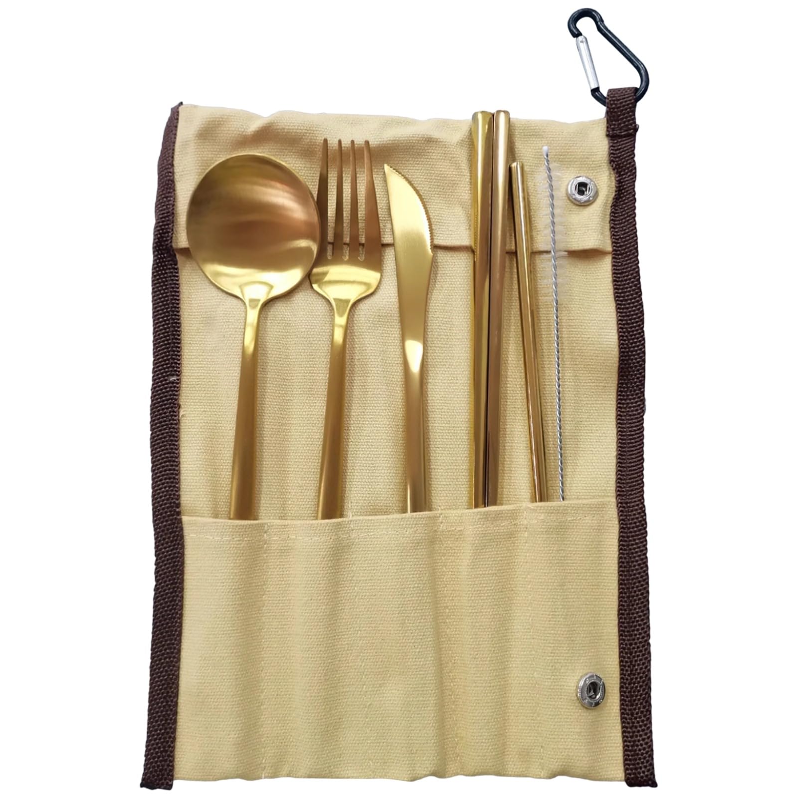 7-teiliges tragbares Besteckset, Edelstahl Reisebesteck in Roségold, mit Essstäbchen, Trinkhalm und Reinigungsbürste, wiederverwendbares Besteck mit Etui für Camping, Schule, Büro