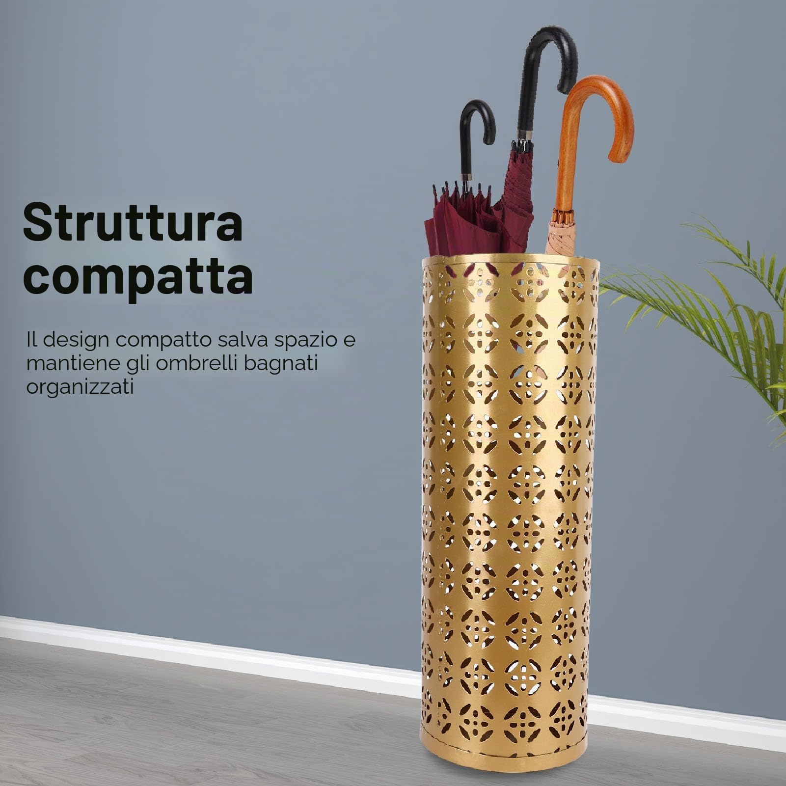 Pyhodi Portaombrelli, Portaombrelli in Metallo per Ingresso, Design Cavo Elegante e Compatto a Prova di Ruggine, Mantieni i Tuoi Pavimenti Asciutti e Ordinati con il Nostro (GOLD)