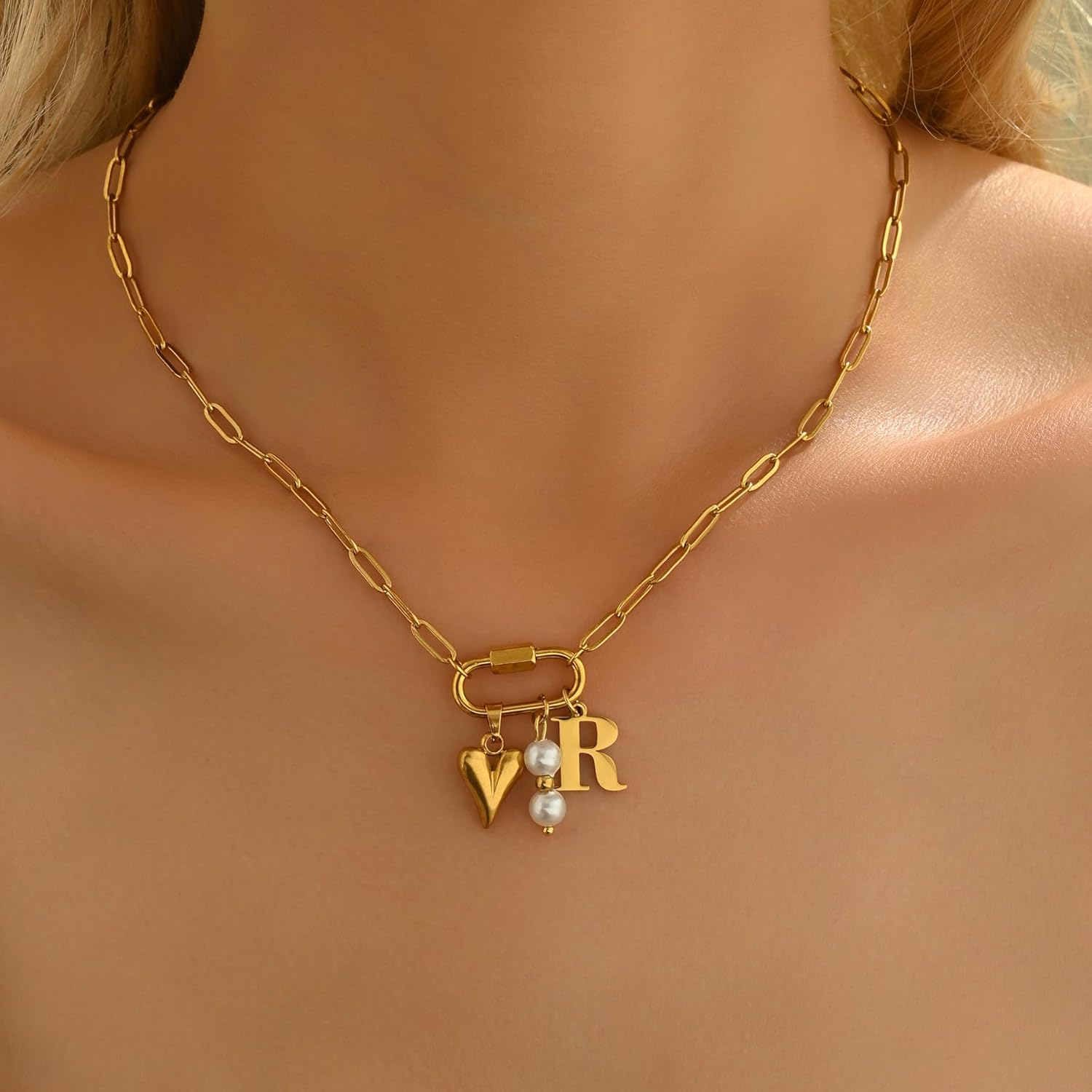 Gold Heart Initial Necklaces for Women 18K Gold Plated Dainty Pearl Letter Necklace Personalized Monogram Name A-Z Pendant Everyday Jewelry for Women - Image 2