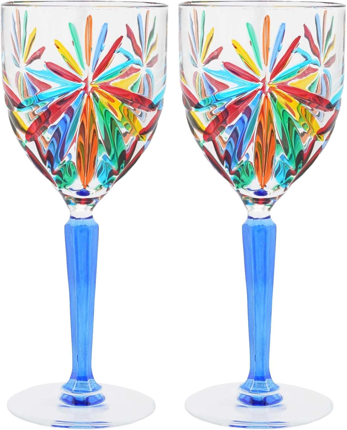 Glass Of Venice Italian Wine Glasses Hand-Cut Blown and Painted Crystal - Set of Two - Multicolor Design Blue Stem 8" Tall 10 oz for White or Red Wine. Made in Italy
