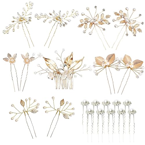 21 horquillas doradas para el cabello de novia, peine para el cabello de boda, flor de perla, horquillas de cristal de hoja dorada, pinzas para el