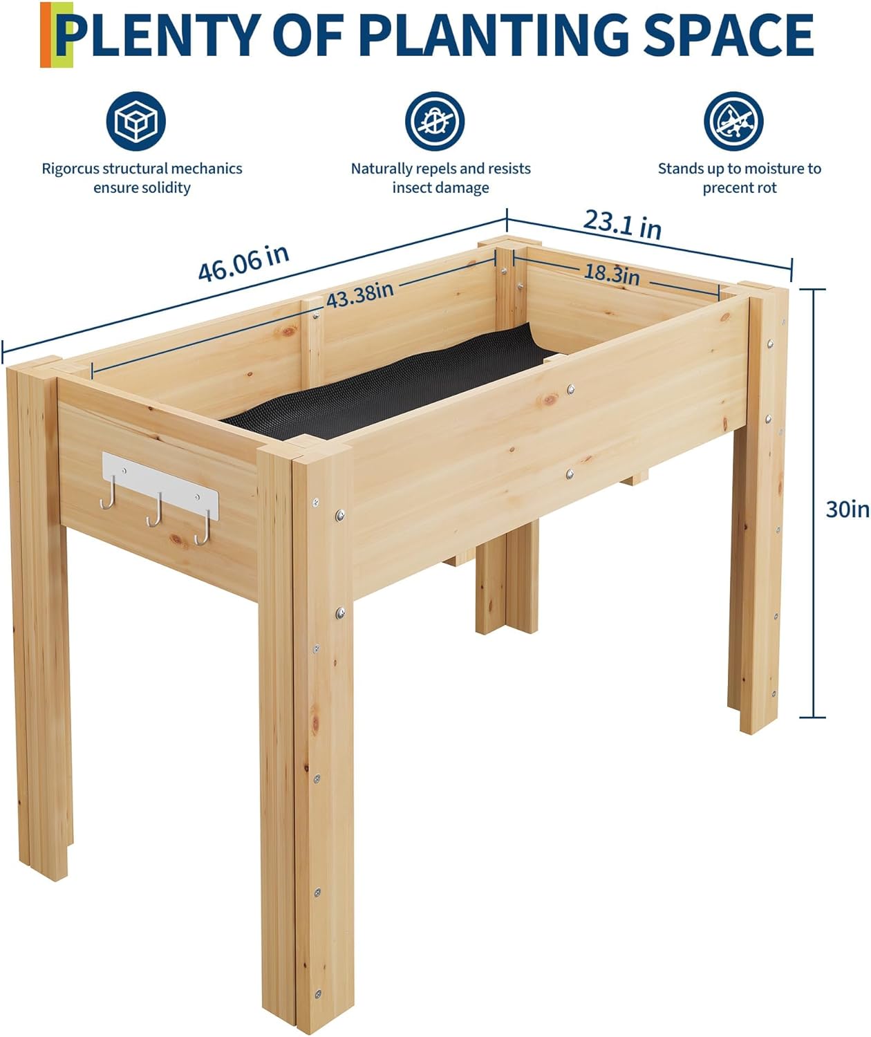 GarveeHome Elevated Garden Bed with Legs & Hooks, 47x30x22 Inch (4x2.5x1.8 ft) Raised Wood Planter Box for Vegetables/Herbs, Outdoor Patio & Backyard with Non-Woven Liner,Natural Wood