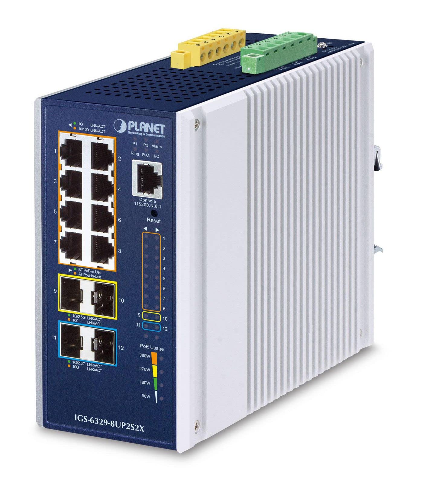 Planet IP30 DIN-rail Industrial L3 8-Port 10/100/1000T 802.3bt, W126417639 (8 porte 10/100/1000T 802.3bt PoE + 2 porte 1G/2.5G SFP + 2 porte 10G SFP+ Switch completamente gestito IP30 DIN. -binario)