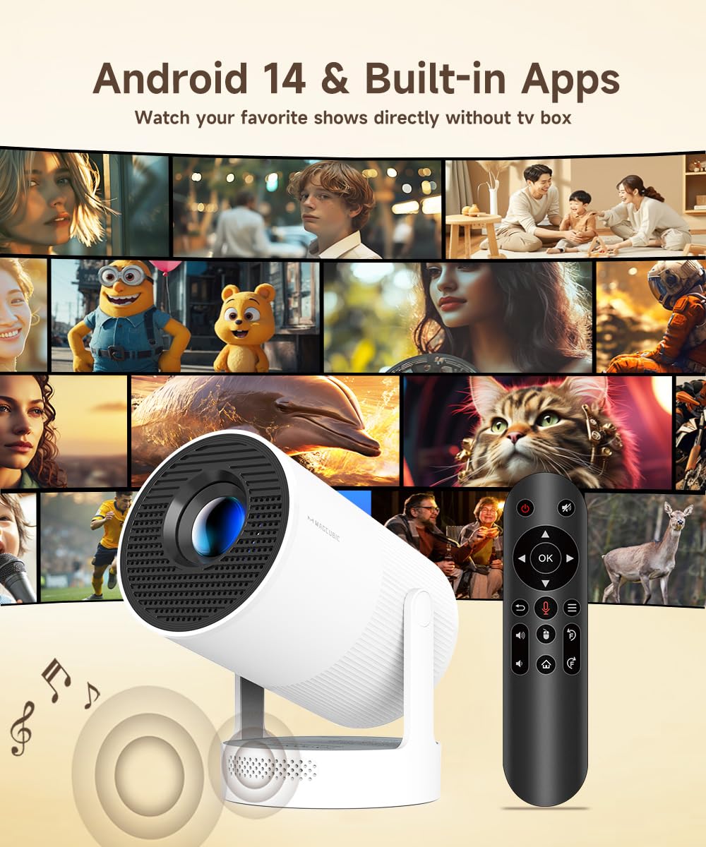 Mini Proiettore 4K Supporta Android 14, Smart Projector Messa a Fuoco Elettrica 5G WiFi 6 BT 5.0, Mini Portatile Proiettore Full HD 1080P Supporta 260ANSI Auto Orizzontale Trapezoid Correction