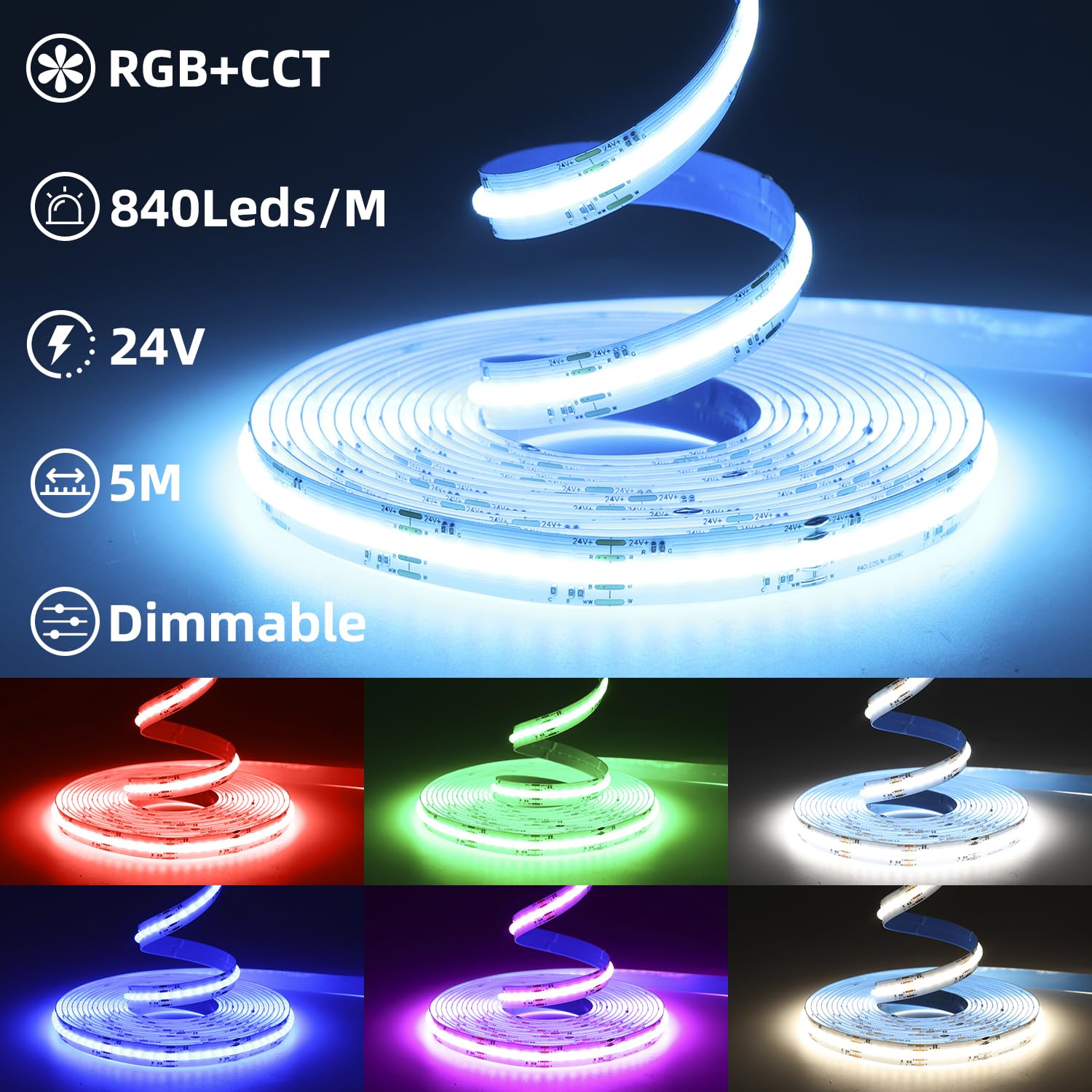 Arotelicht COB LED Streifen RGB+WW/CW 5M 24V, RGB CCT LED Strip Kit 840LEDs/M, 6pin dimmbar Lichterkette mit WIFI Controller und Netzteil Multicolor IP20 für Küche Home DIY Dekoration