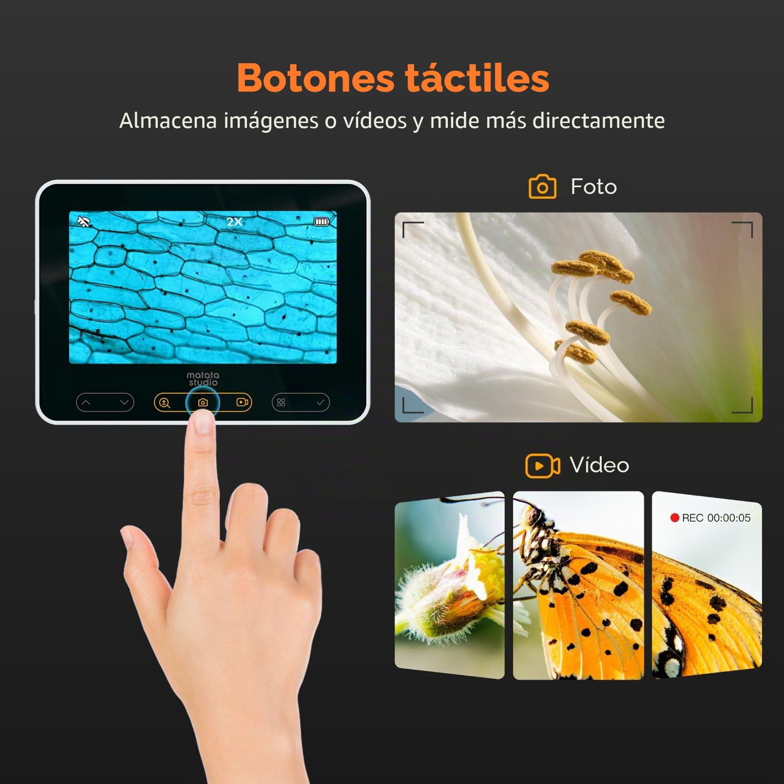 4.3" Microscopio Portátil para Niños, MatataStudio MX2-AS 2-en-1 Microscopio Digital de Mano para Niños 1600x Mini Microscopios de Bolsillo Infantil Microscopios USB WiFi con Video Foto Luces LED