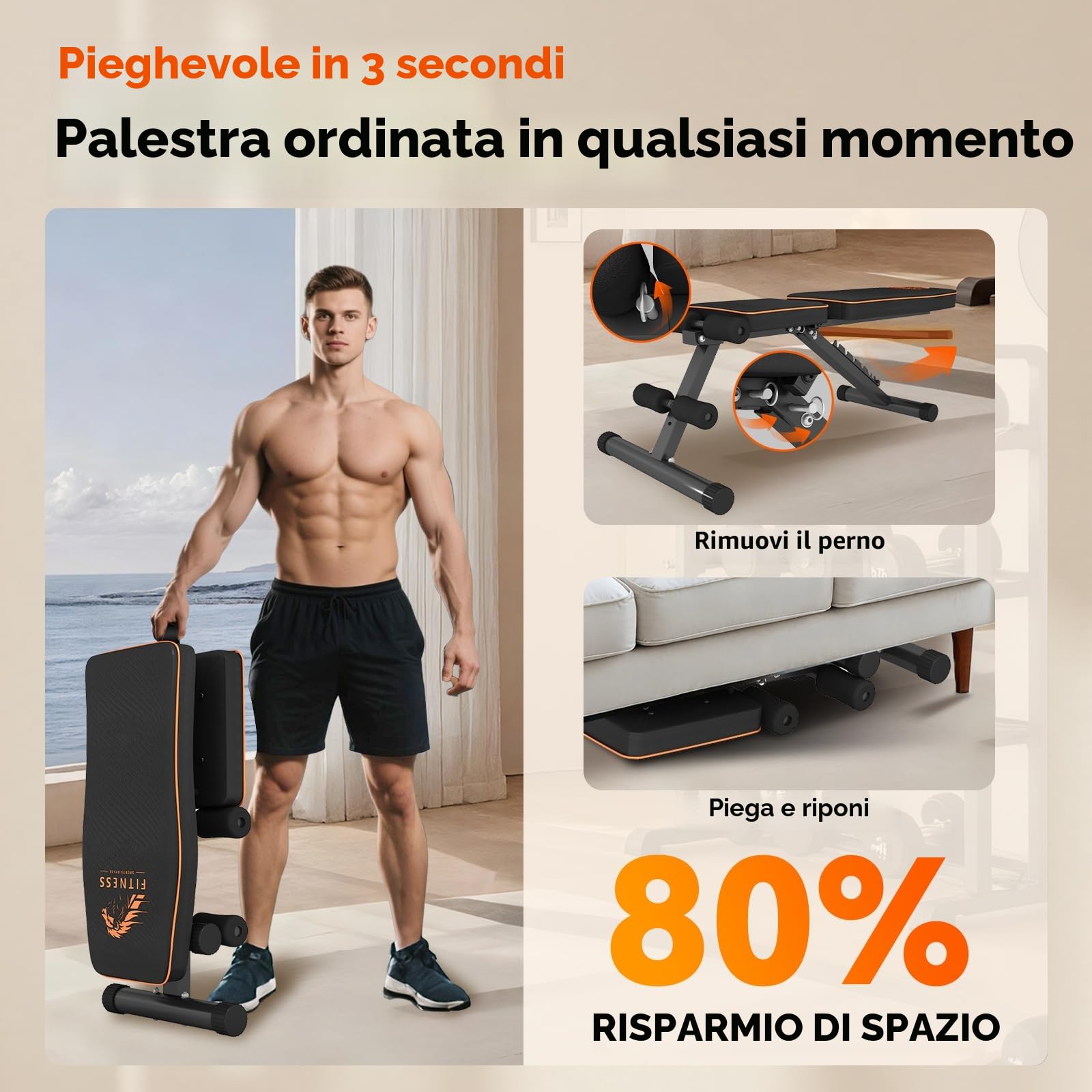 Panca Palestra Regolabile Pieghevole, Panca Palestra con 8 Posizioni Dello Schienale Regolabile, Inclinabile & Piana Panca Pesi per Allenamento con Bande di Resistenza