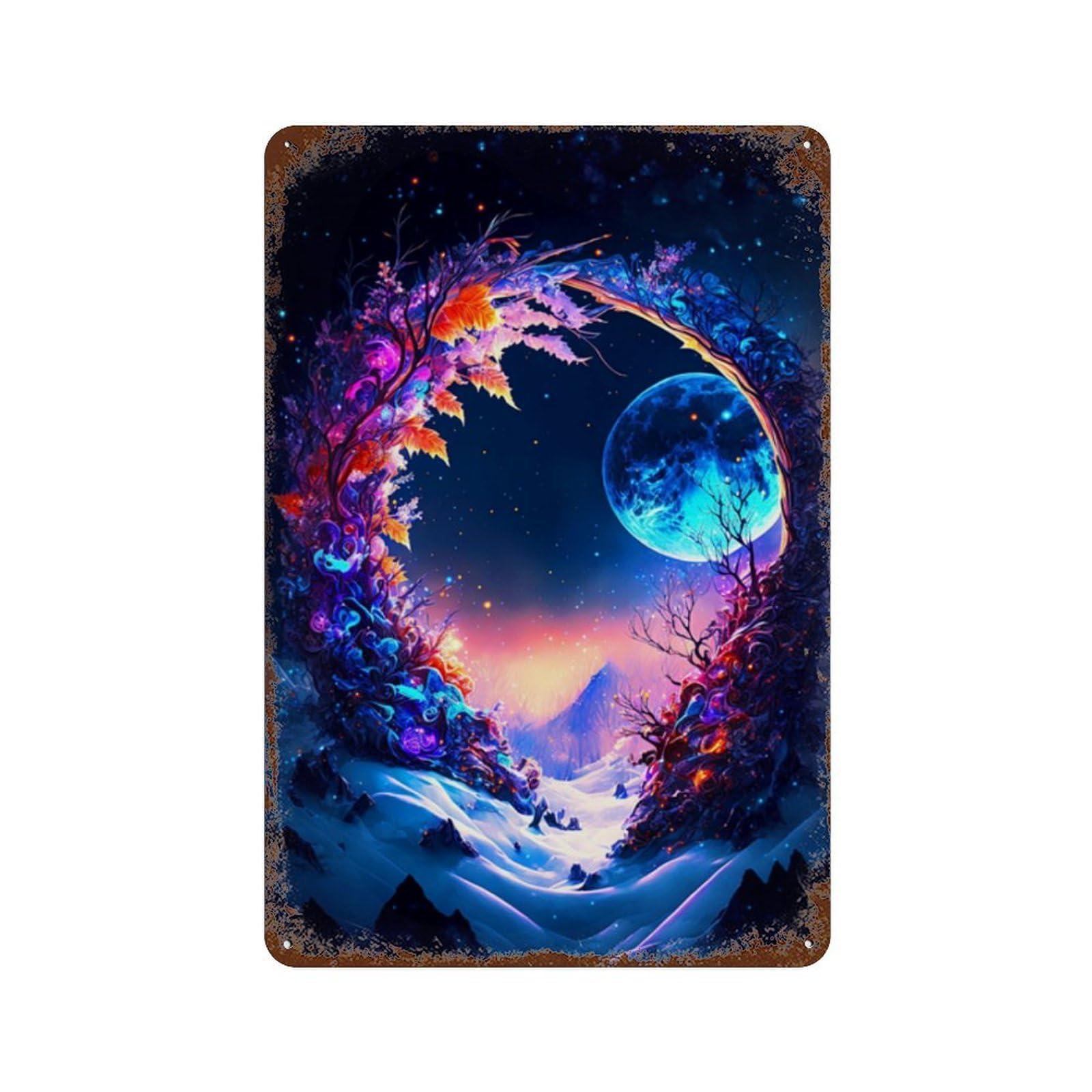Decorative Tin Sign with Fantasy Moonlit Forest Scene Design 11.8"x7.9", for Basement, Hobby Room And Garage Decor, Farmhouse Wall Decor