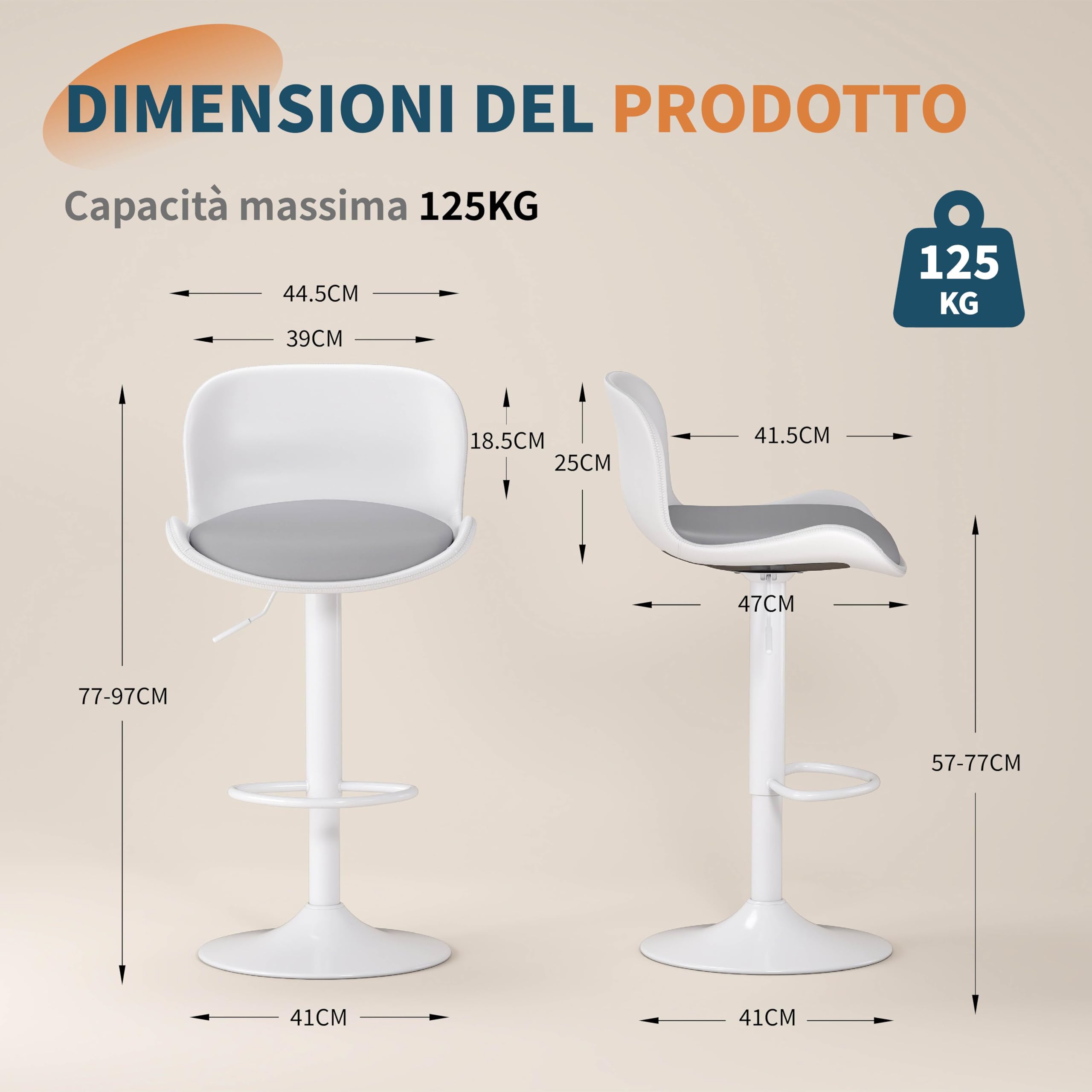 Flysky Sgabelli da bar Set di 3, Sedia girevole a 360°, regolabile in altezza, Sgabello da bar con schienale e poggiapiedi, Sgabello da cucina in similpelle 120kg, Bianco/grigio