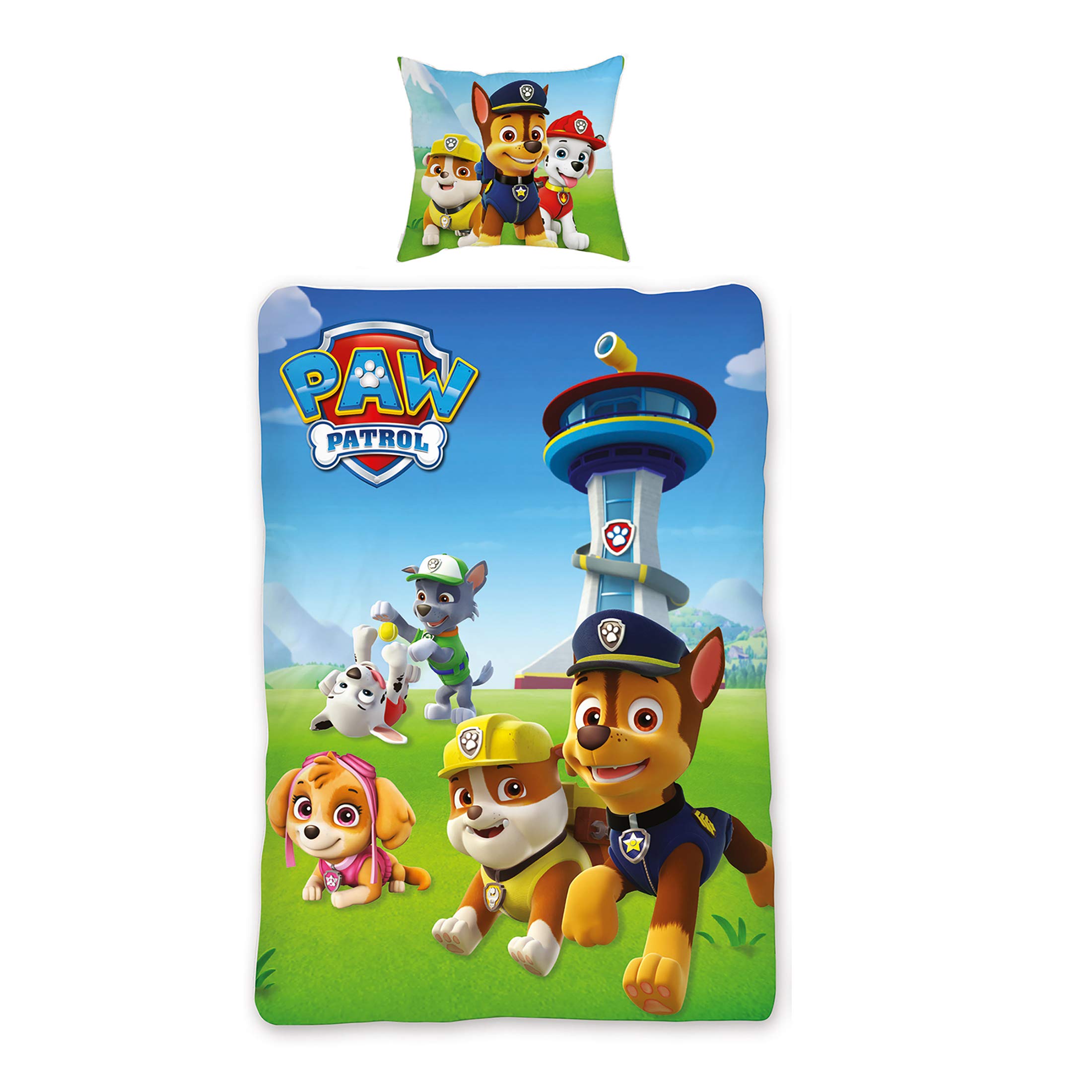 Paw Patrol Bettwäsche Team Blau 135 cm x 200 cm + 80 cm x 80 cm 100% Baumwolle Renforcé-Linon-Qualität Chase Marshall Rocky Zuma Rubble Skye Ryder Wende-Bettwäsche deutsche Größe Reißverschuss