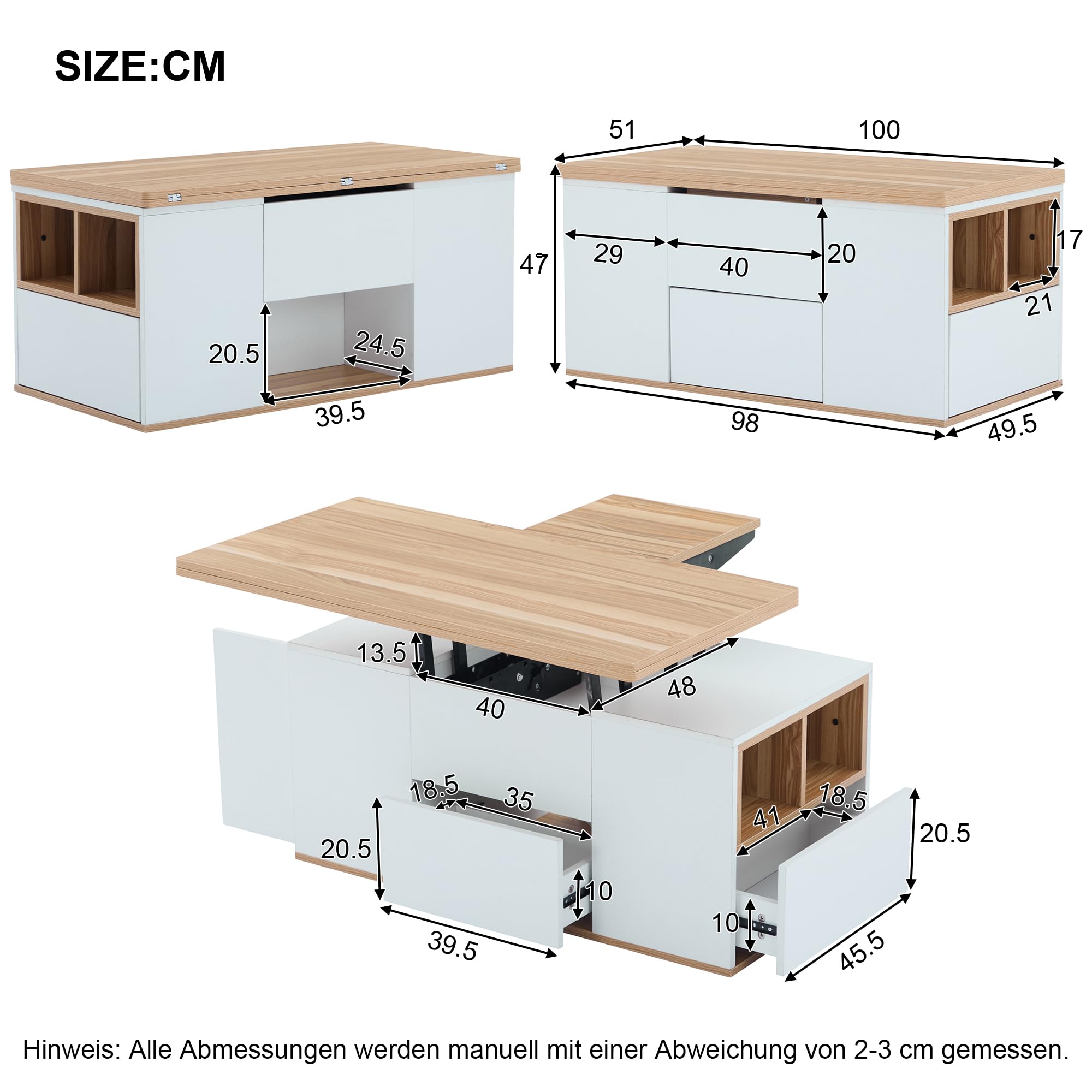 BTM Table Basse Relevable Multifonction, Plateau Devient 2, Blanc + Teinte Bois Originale, Grande Capacité, Mobilier Moderne, Bureau-Salle à Manger
