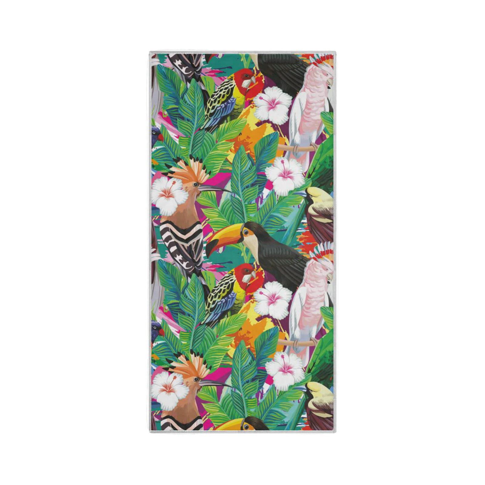 HUYGD Tropical Birds Toucan, Parrot, Green Palm Leaves Hibiscus Flowers Quick Dry Towel 30" x 15" Thin Durable Fast Drying Absorbent Soft Towel for Gym Yoga Spa Sport Hiking Beach Home Camping Travel