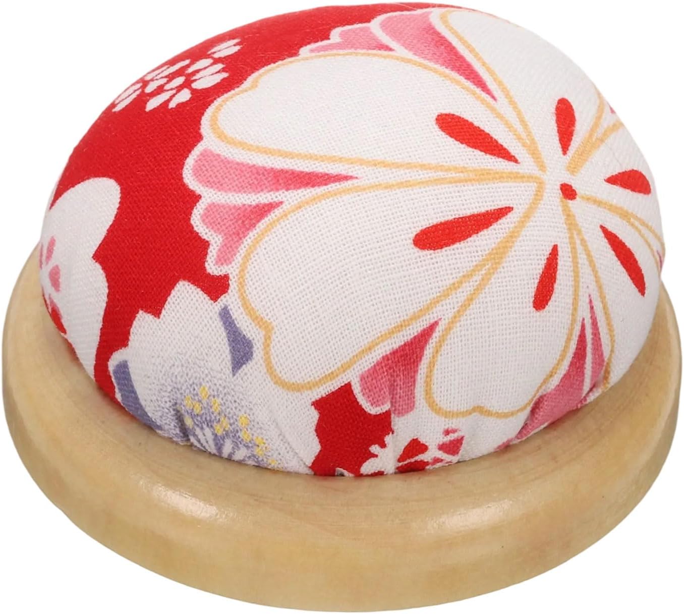 HARFINGTON Pin Cushion Wooden Base Japanese Style Round Pincushion Needle Holder for Sewing Quilting Needlework DIY Crafts, Red Floral Style