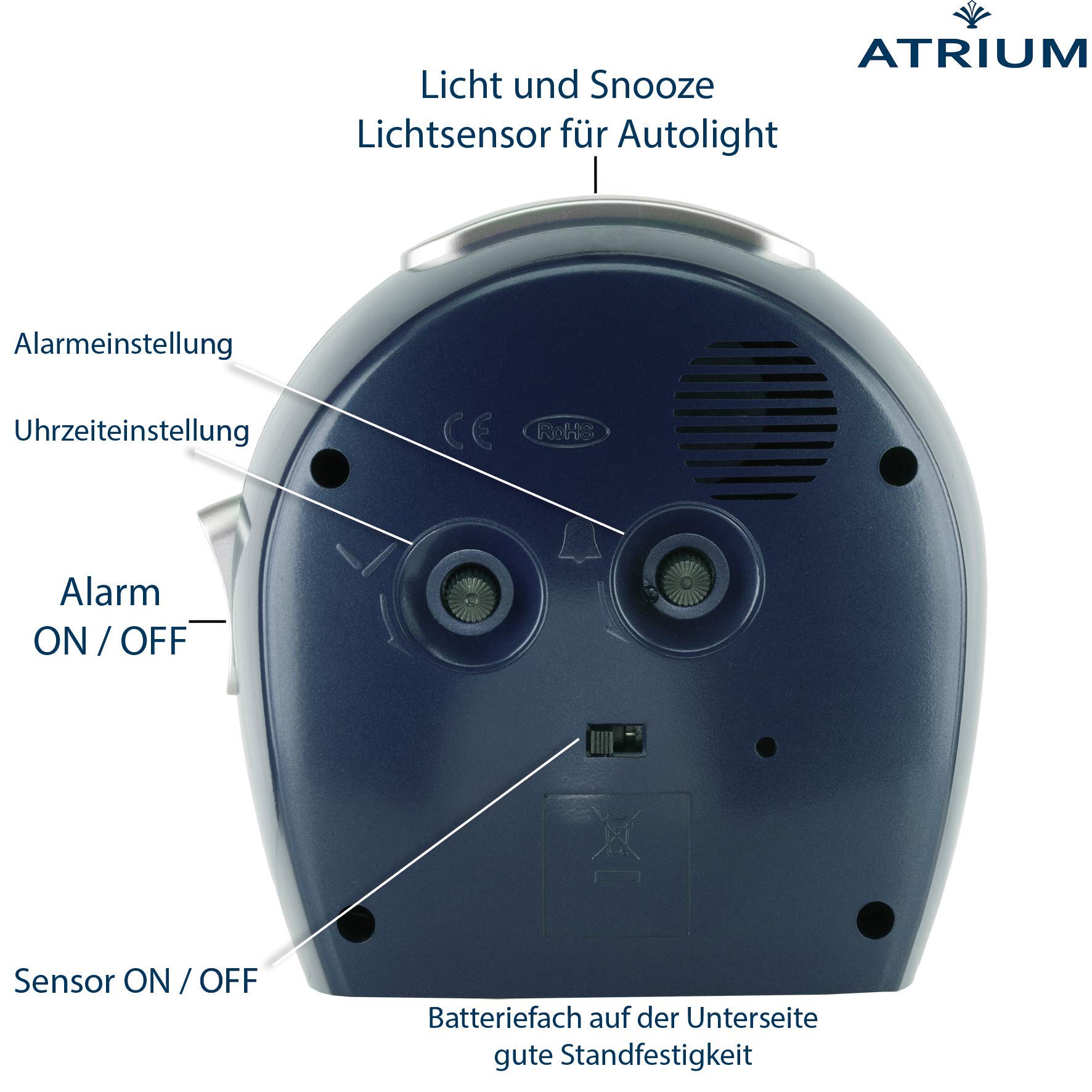 Atrium A106-7 - Sveglia analogica al quarzo, senza ticchettio, con luce e snooze, colore nero e argento, rotonda