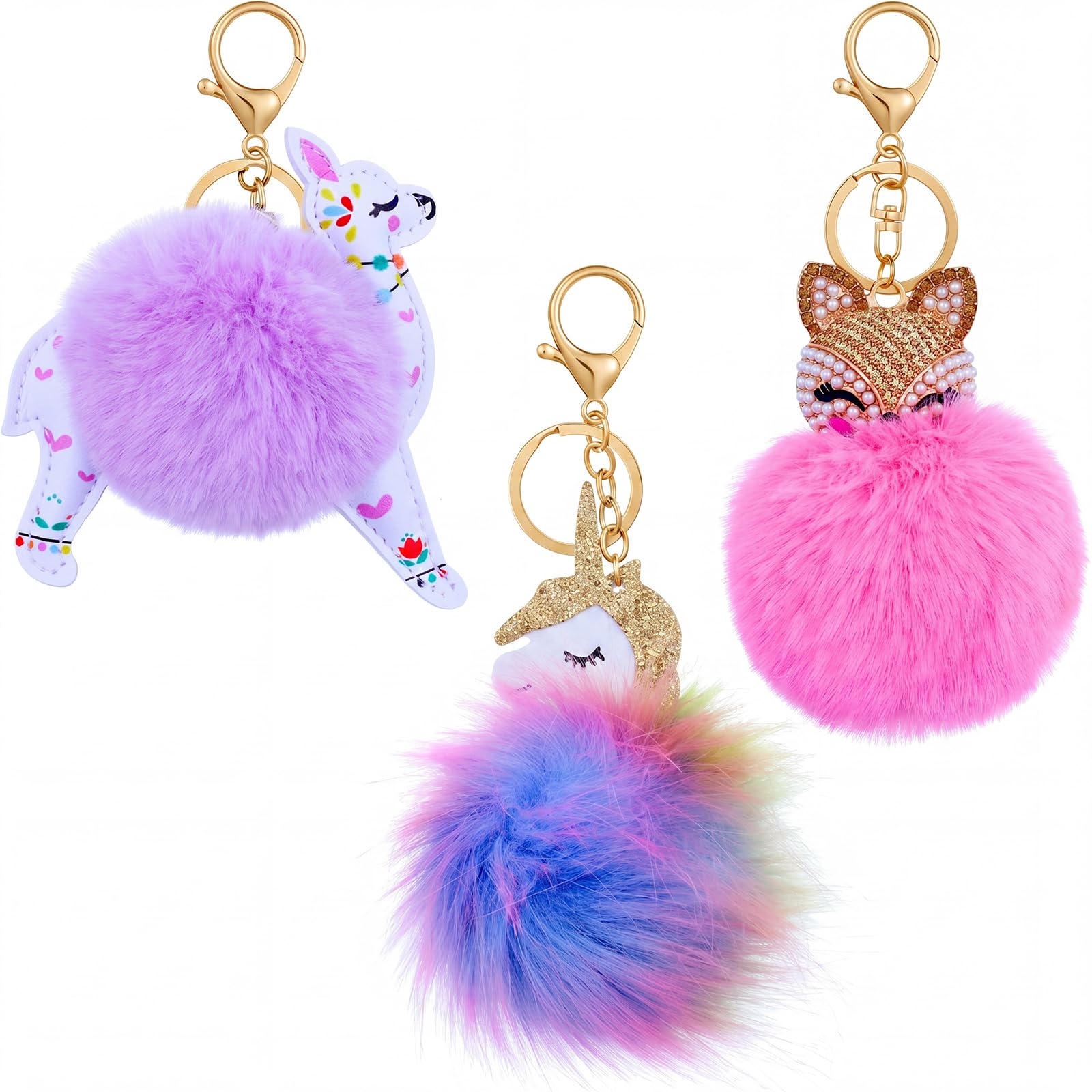 WILLBOND 3 Pcs Animal Pom Pom Keychains Backpack Charms, Purple
