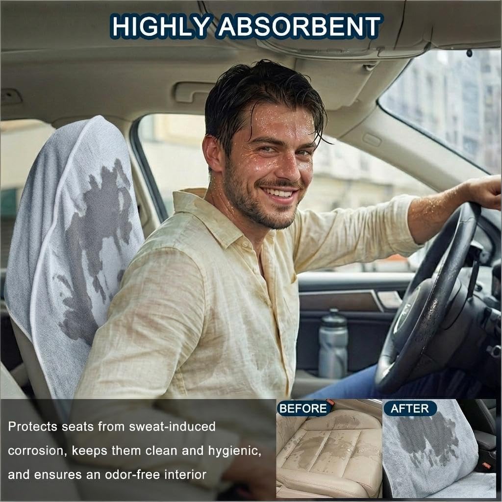 Car Seat Towel Cover, 2pcs Universal Front Seat Protector for Cars, SUVs and Trucks, Sweat Towel Car Seat Cover for Gym, Yoga, Swimming, Pets and Family Travel, Light Gray