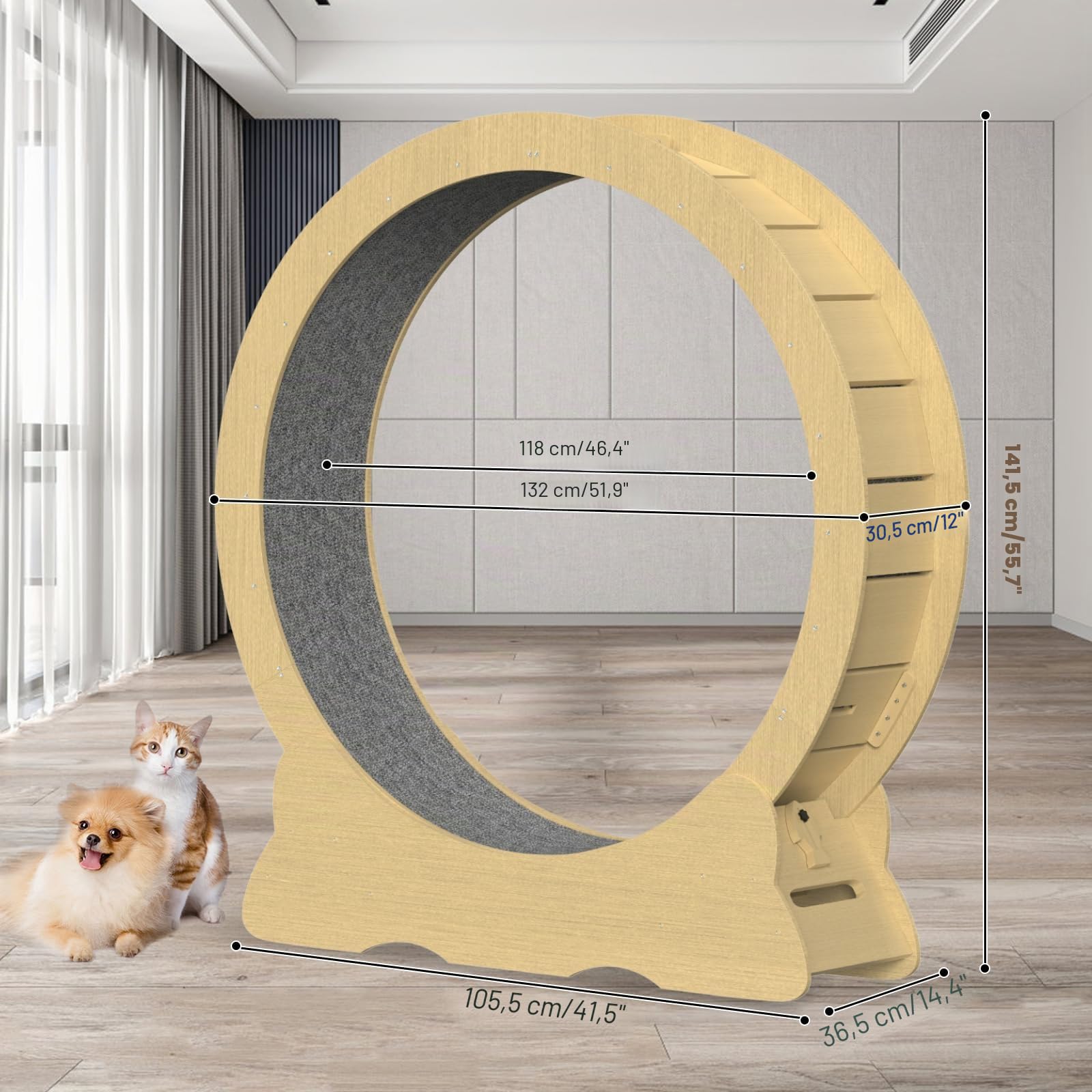 Roue d'exercice pour chat - Diamètre intérieur 120 cm - Jouet super silencieux - Pour chats de toutes tailles - Couleur bois - Taille XXL