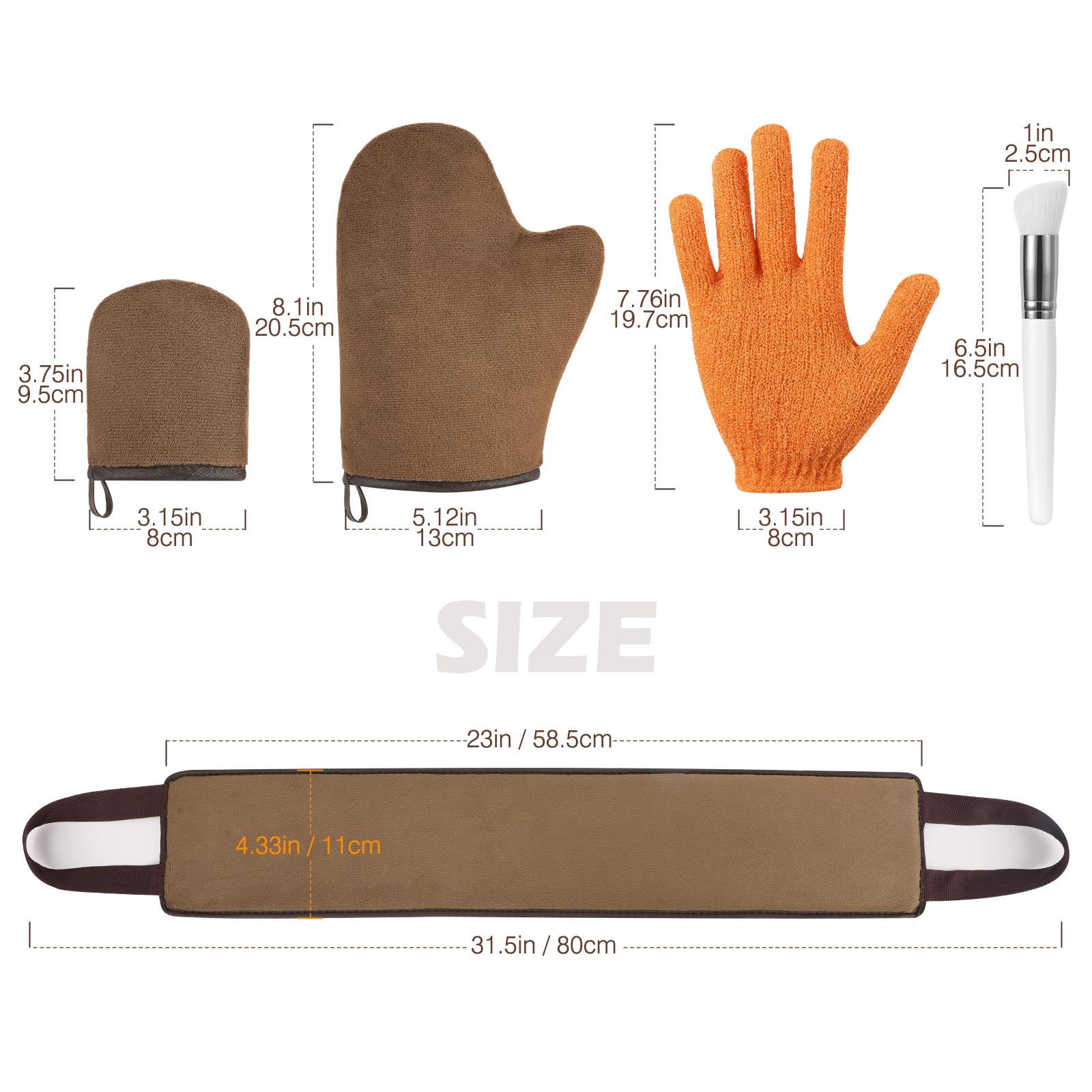 Luxspire Self Tanning Mitt Applicator Kit, 5 in 1 Soft Tanner Mitt Set with Exfoliating Glove, Back Lotion Applicator, Face Makeup Brush, Mini Finger Face Self Tanner Mitt for Lotions, Mousses, Creams