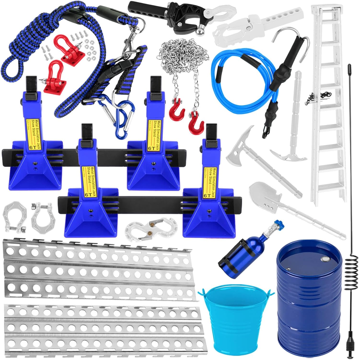 RC Decoration Upgrades Part for 1/10 SCX10,Trx4/6,GEN7/8,Jack,Fuel Tank,Shovel,Axe,Trailer Chain/Hook/Rope/Receiver/Elastic Force Rope,Antenna,Nitrogen Bottle,Ladder,Recovery Board,Blue