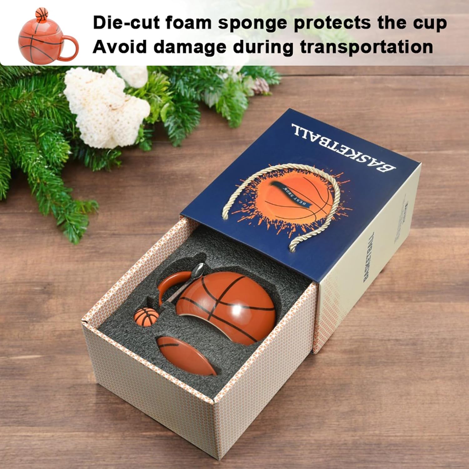 Basketball Coffee Mug with Lid and Spoon, Ceramic Sports Cup Gift Set with Gift Box for Christmas Day (Wine Red)
