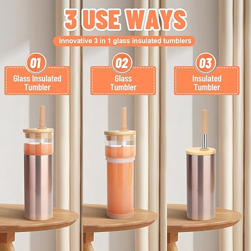 Miniatura 7 de Tronco Vaso de vidrio aislado al vacío de 20 onzas con tapa y pajilla, mantiene las bebidas frías durante 12 horas, vaso de vidrio reutilizable para