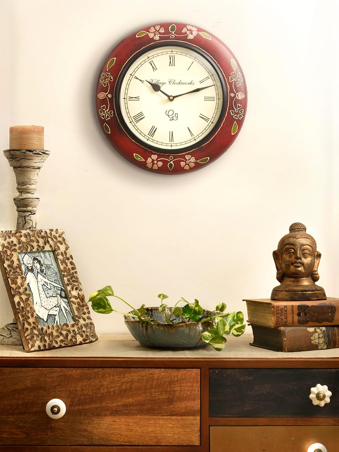 Green Girgit Round Handpainted Wooden 12 Inches Analog Wall Clock| Ethnic Wall Clock| Wooden Wall Clock| Living Room Wall Clock| 12 Inch Wall Clock| Gifting Wall Clock