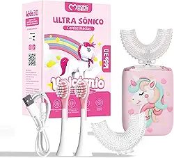 MOMODENT Escova de Dente Eletrica Infantil, 360° Graus, 5 Modos, 4 Cabeças de Escova, Recarregável, Silicone Macio em Formato U, Limpeza Suave, Proteção Gengival, Portátil e Divertida, IPX7