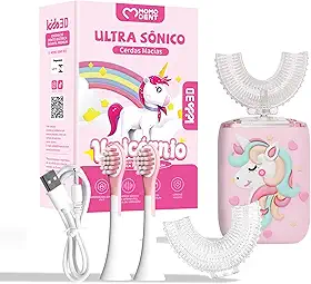 MOMODENT Escova de Dente Eletrica Infantil, 360° Graus, 5 Modos, 4 Cabeças de Escova, Recarregável, Silicone Macio em Formato U, Limpeza Suave, Proteção Gengival, Portátil e Divertida, IPX7