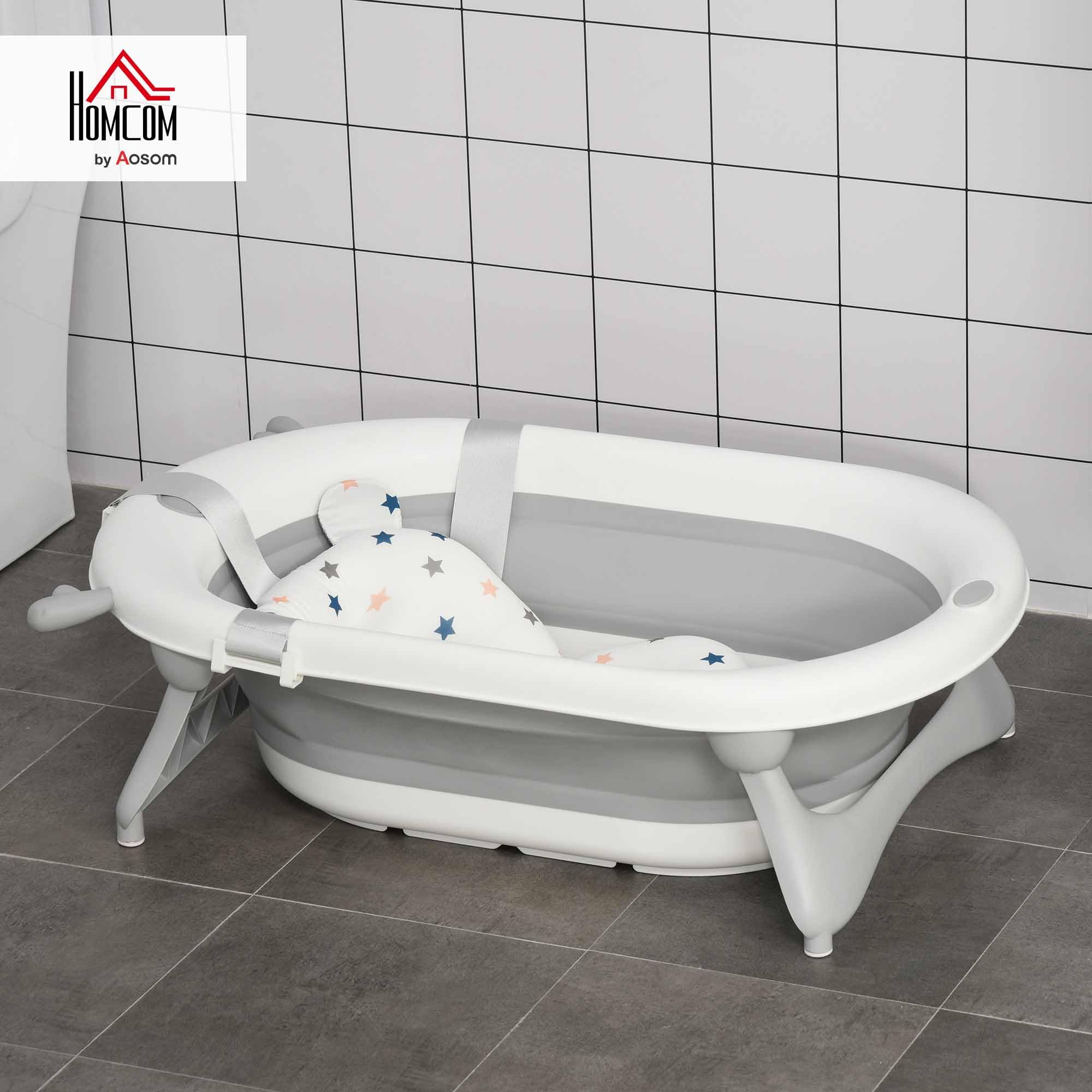 HOMCOM Vaschetta Bagnetto Pieghevole per Bambini 0-3 Anni con Indicatore di Temperatura e Cuscino, 81.5x50.5x23.5cm, Bianco