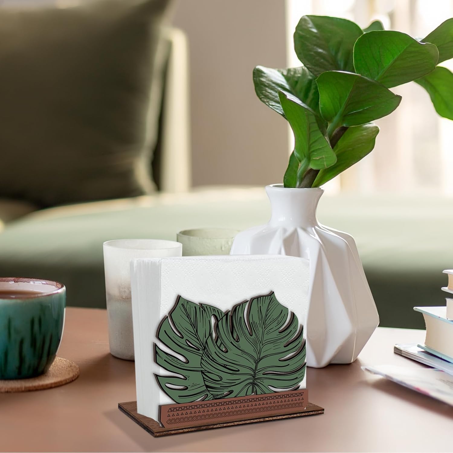 Monstera Green Napkin Holder Boho Tropical Monstera Leaf Wood Paper Napkin Holder for Office Home Bathroom Kitchen Dining Room Table Decorations