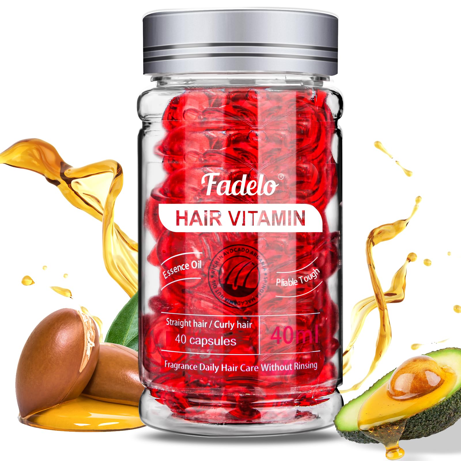 Hair Treatment - Frizz and Damage Control with Vitamins A, C, E, B5, Argan, Macadamia, and Avocado Oils - 40 Capsules