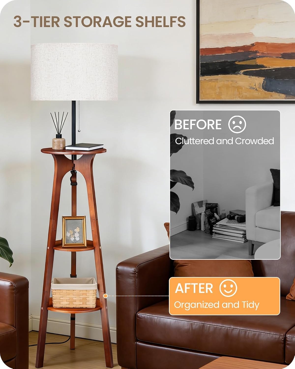 3 Tier Shelf Floor Lamps, Wood Tripod Floor Lamp, Large Linen Lampshade, 3 Color Temperature LED Bulb Included, Modern Shelf Floor Lamp for Living Room Bedroom Beige and Walnut STE25LD05