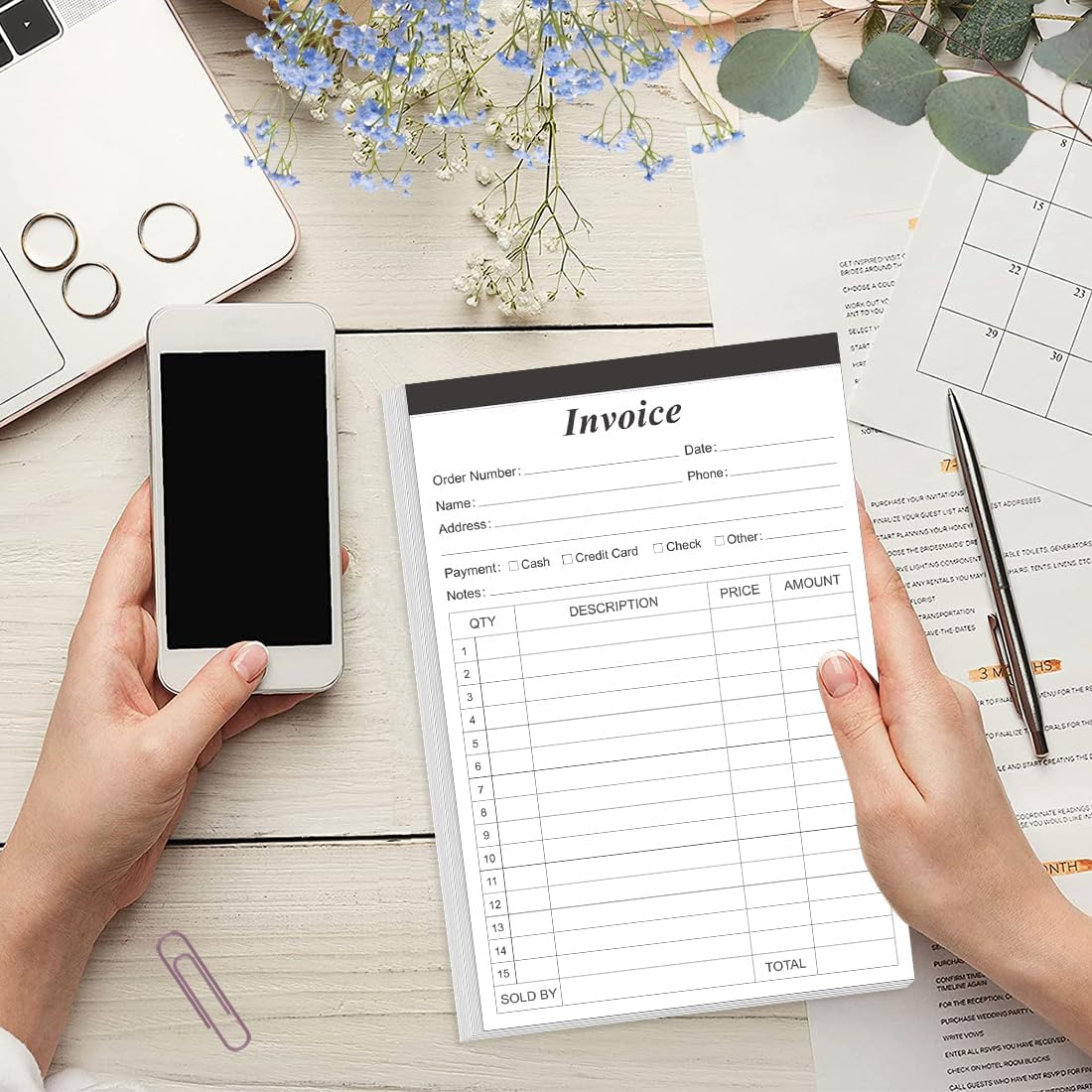 (2-Pack) Invoice Receipt Book with Cardboard 2-Part Carbonless, 5.5" x 8.5" Order Forms, 100 Sheets Carbonless Sales Invoice Book for Small Business