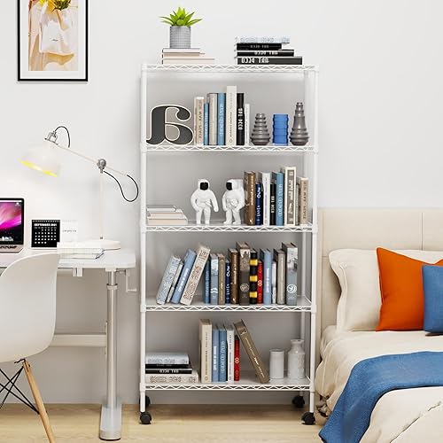 Miniatura 11 de Estantería de alambre NSF de 5 niveles, 14 x 30 x 60 pulgadas, capacidad de 750 libras, estante de metal ajustable con ruedaspatas niveladoras y