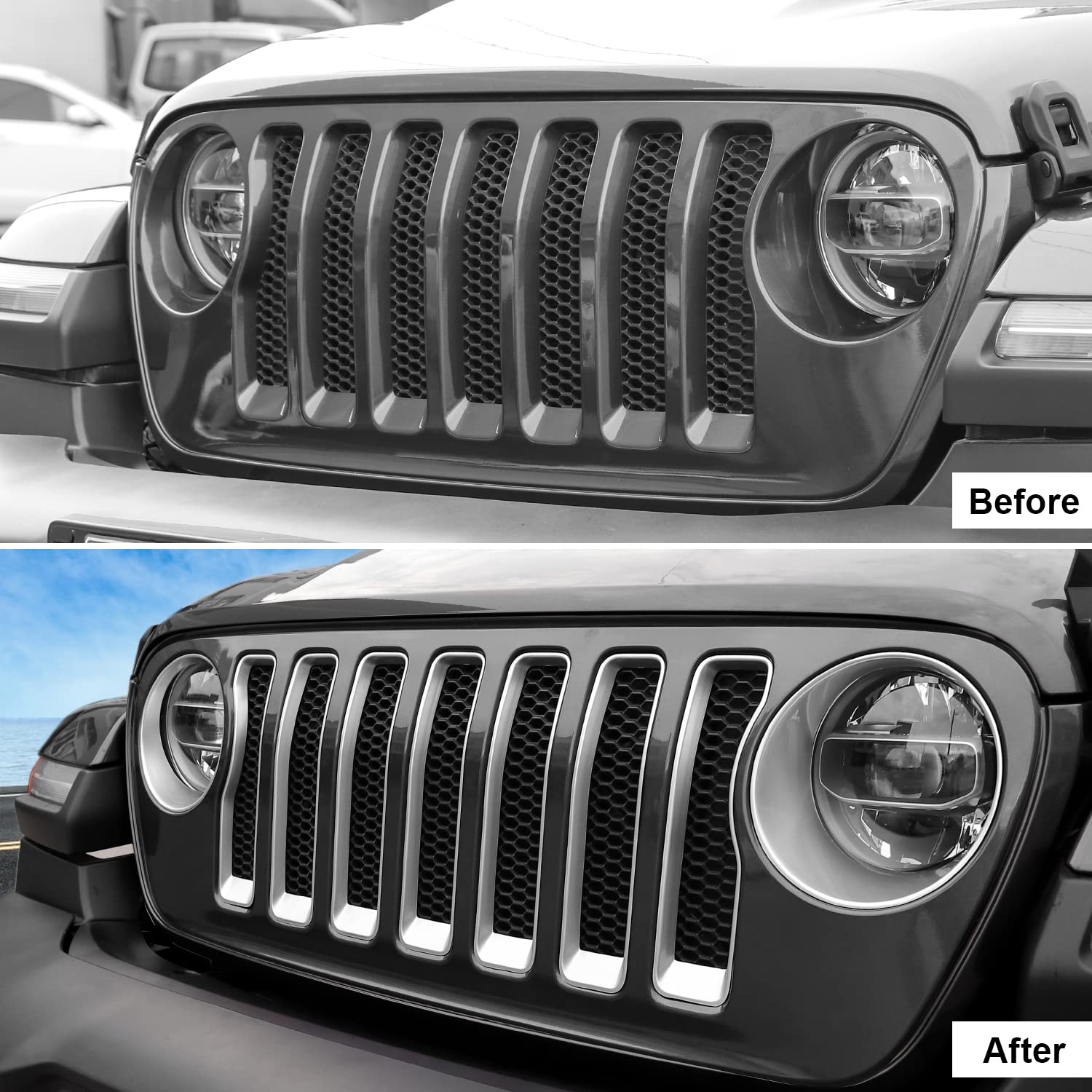 Condition photo showing New/Like New for cherocar for jl mesh grille grill insert & headlight turn light cover trim exterior accessories for jeep wrangler jl jlu 2018-2026 & gladiator jt 2020-2026