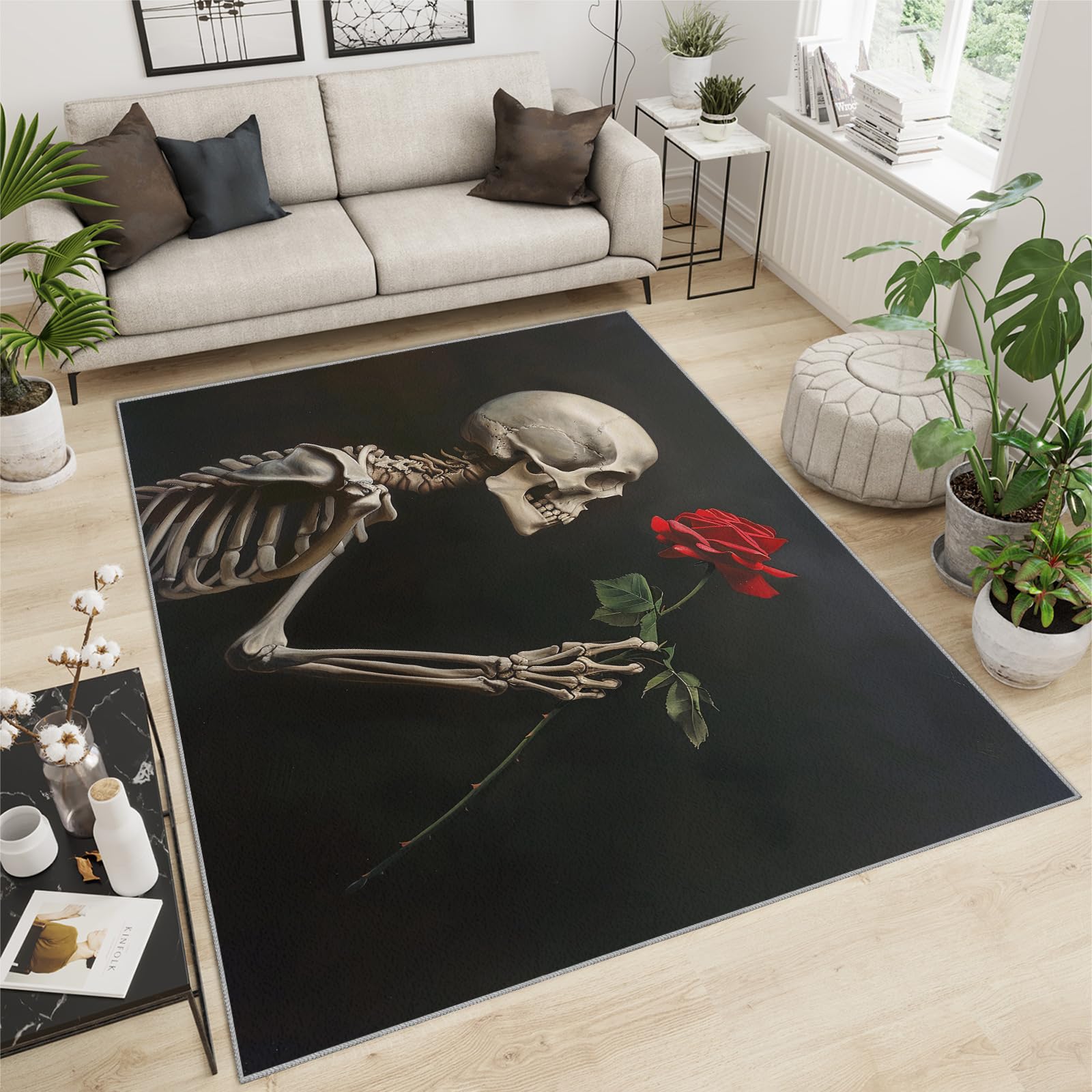 FBRUIEG Skeleton Kids Rugs - Rose Skeleton Rugs for Boys Room, Gothic Horror Area Rug, Non-Slip Washable Rug for Living Room Game Bedroom 180x240cm