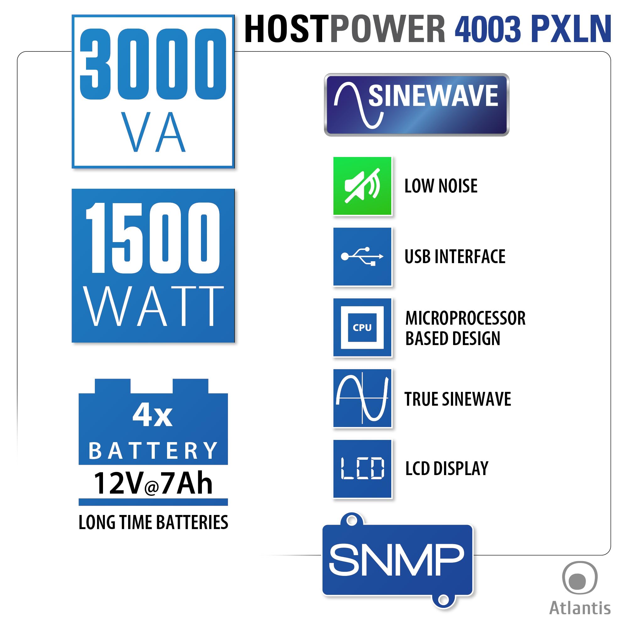 Atlantis Gruppo di Continuità Low Noise 3000VA/2100W, onda sinusoidale pura | UPS Line Interactive, 36,6 dB(A), LCD, USB-HID, 3 IEC + 2 Schuko, RS232, Slot SNMP, 4 batterie 12V 7Ah, cod. A03-HP4003PXLN