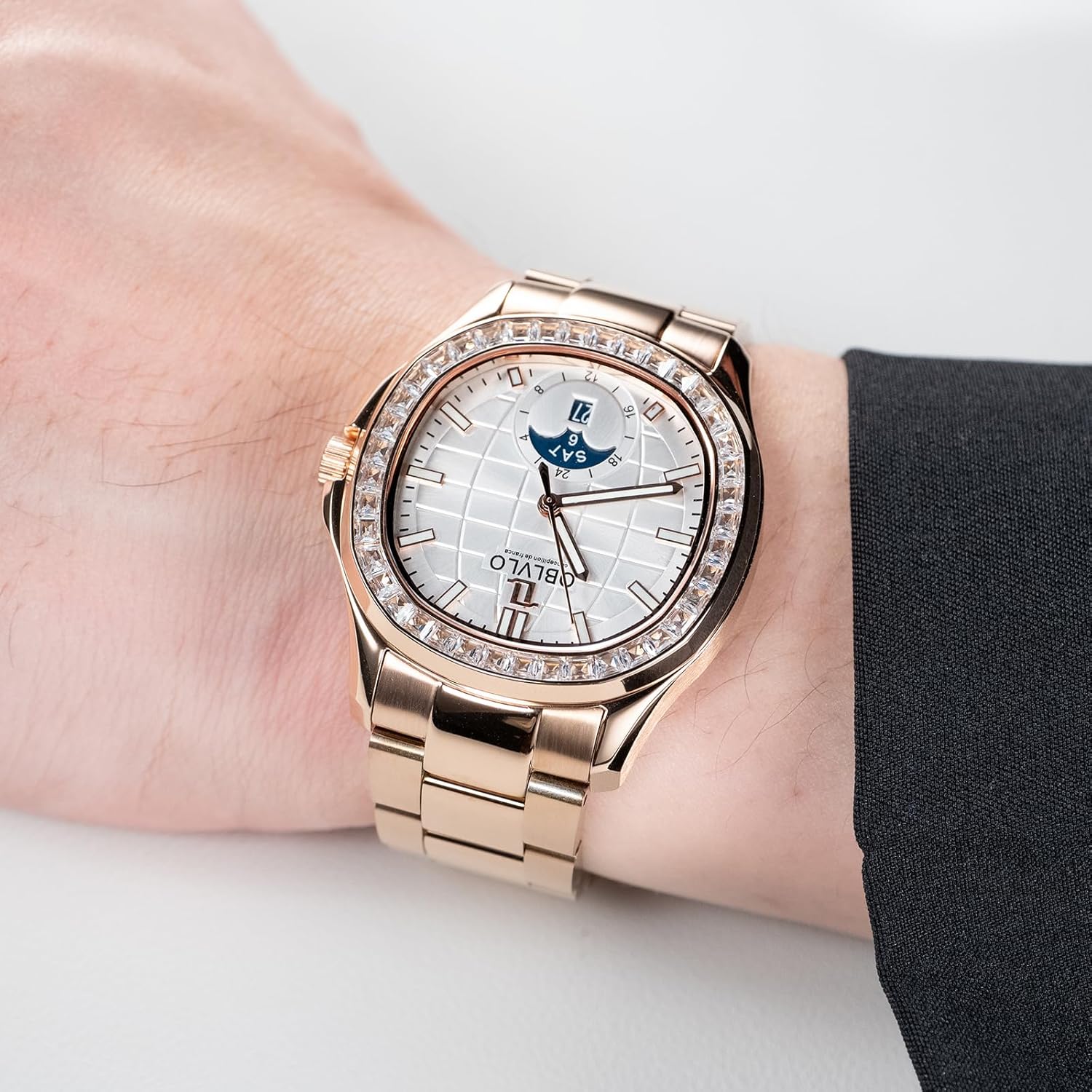 OBLVLO Luxury Watch, Rose Gold Stainless Steel, Brown Dial, Day Date Display, Diamond Bezel - Image 5