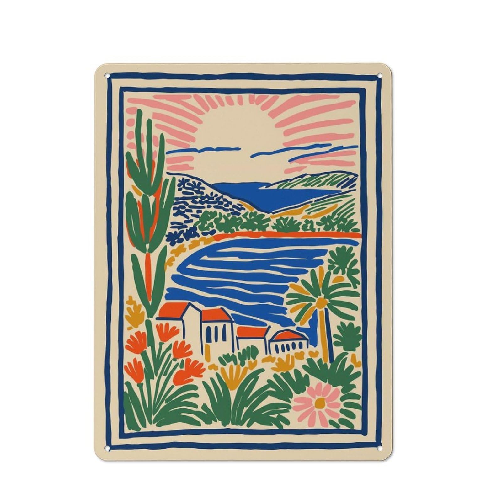 Junmoney Style-21 Modern Vintage Vibrant Coastal Landscape With Houses And Sun Office Metal Sign 40X30cm, Creative Space Decor For Hobby Room, Office, Lounge Or Living Room